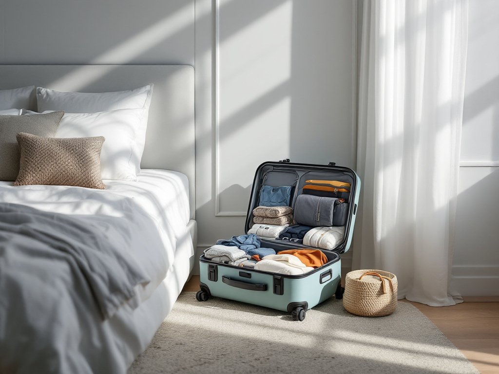 Open Coolife hardside suitcase in bedroom setting showing interior capacity and packing layout
