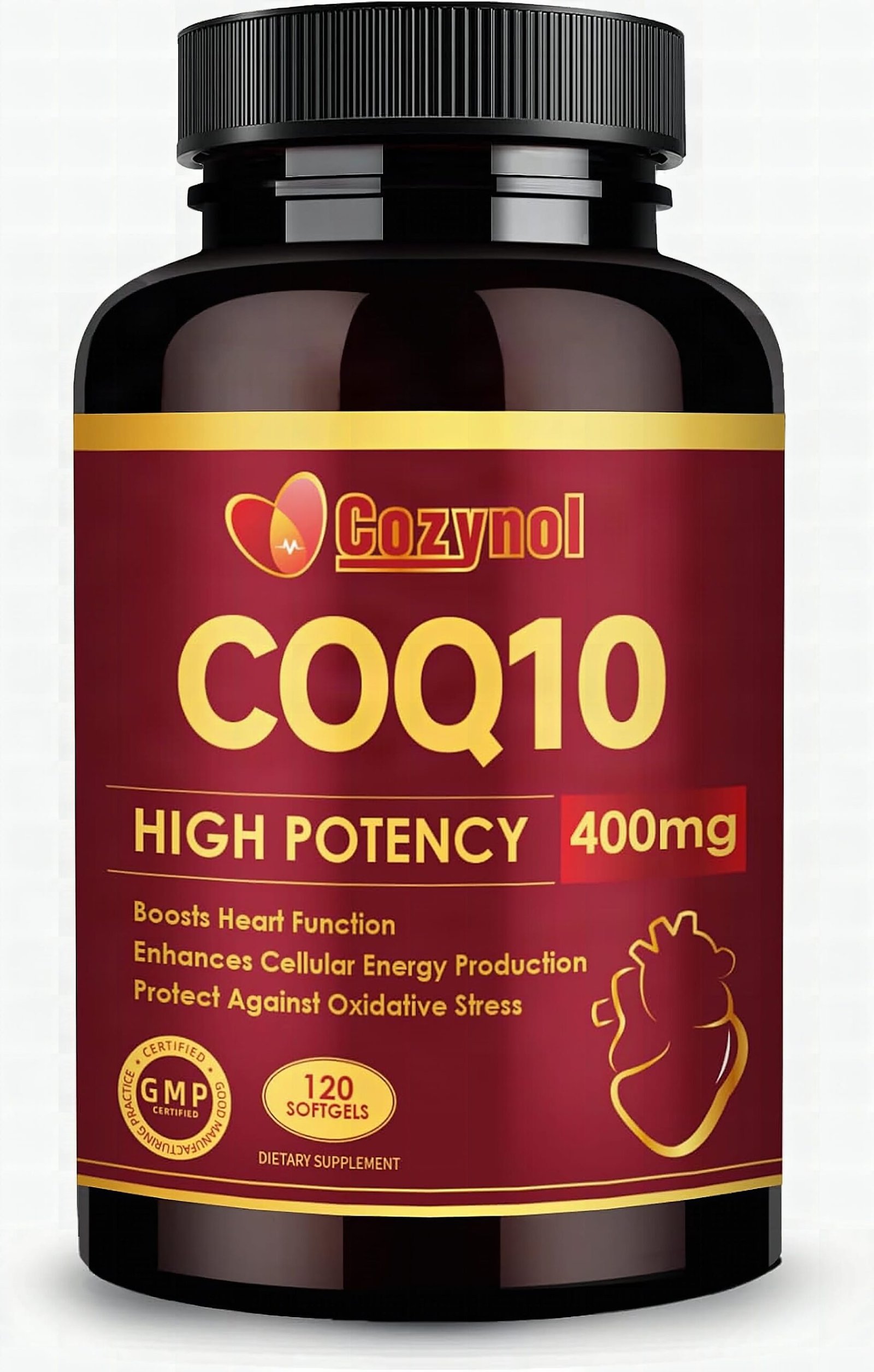 CoQ10 softgel capsule in extreme close-up, amber translucent gel with studio lighting on white background