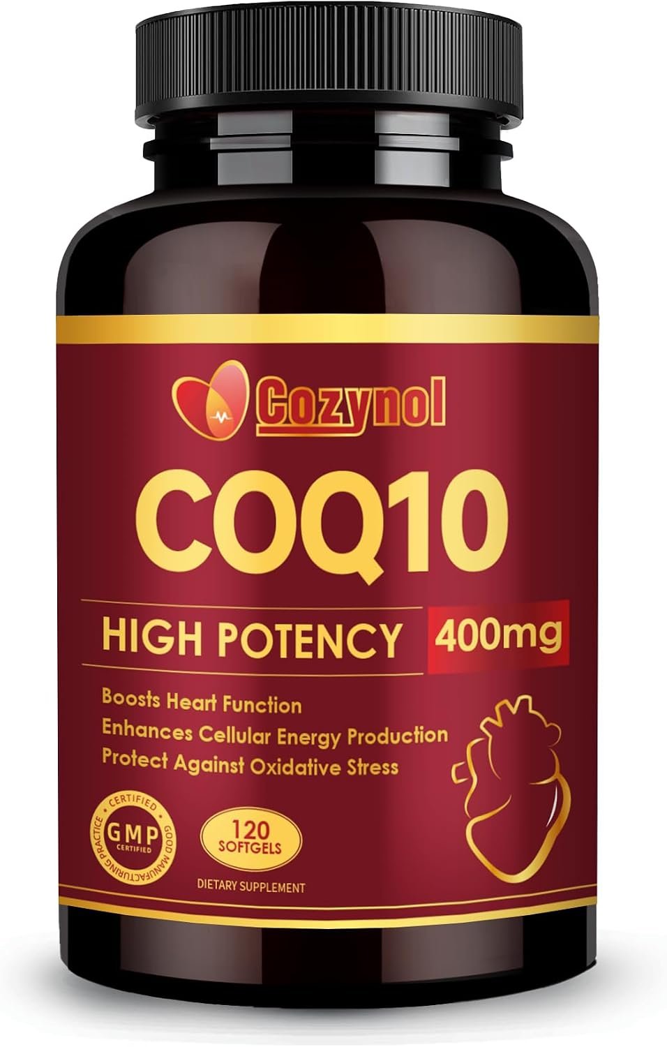 Open CoQ10 softgel bottle on wooden kitchen counter with water glass and citrus, natural window lighting