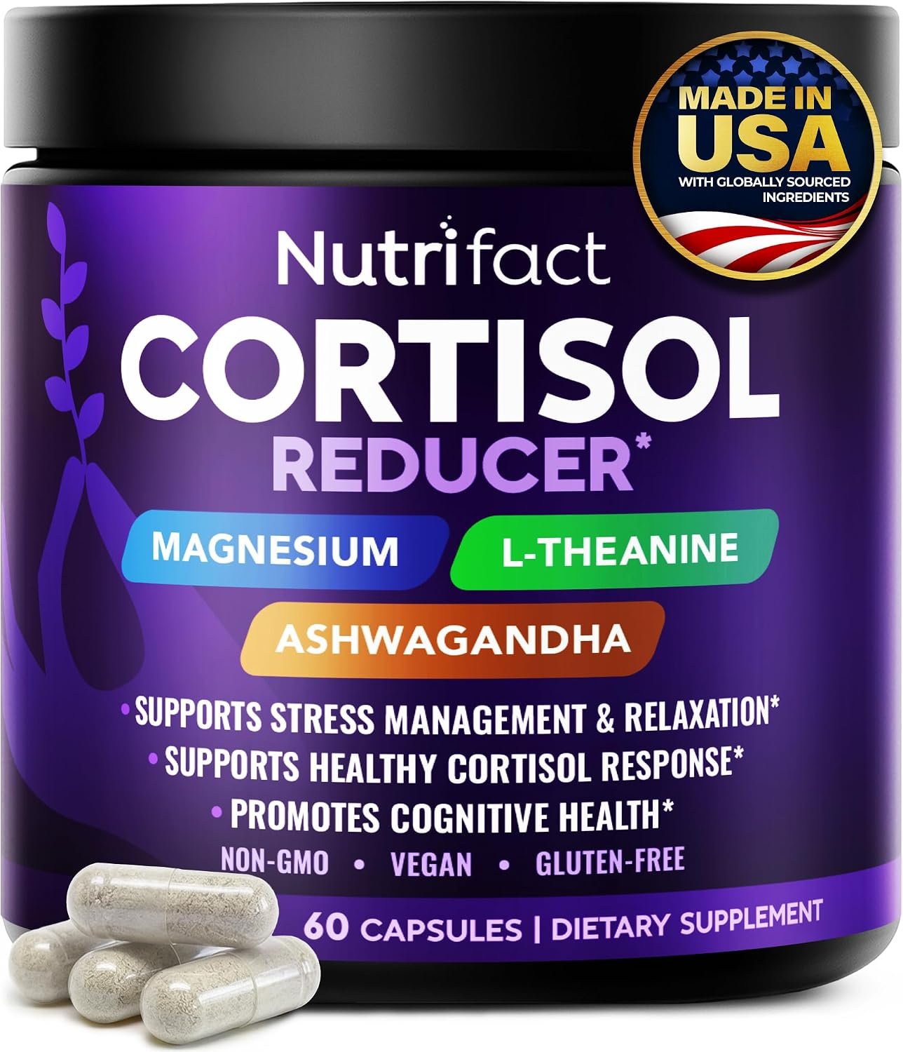 Cortisol Reducer bottle on kitchen counter with ashwagandha and magnesium-rich foods nearby in natural daylight