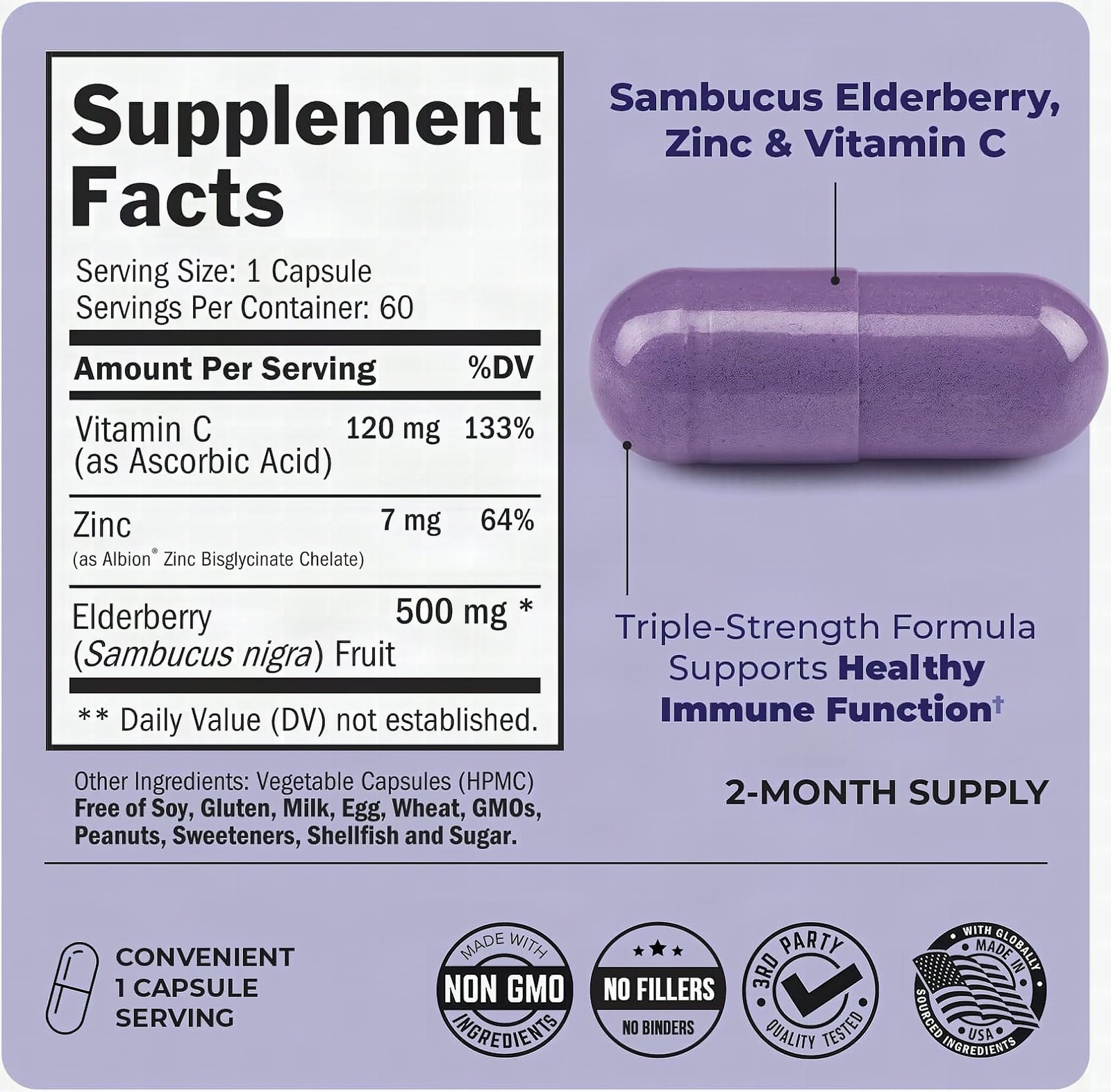Macro close-up of purple elderberry capsules with zinc and vitamin C, showing texture and translucency in sharp focus