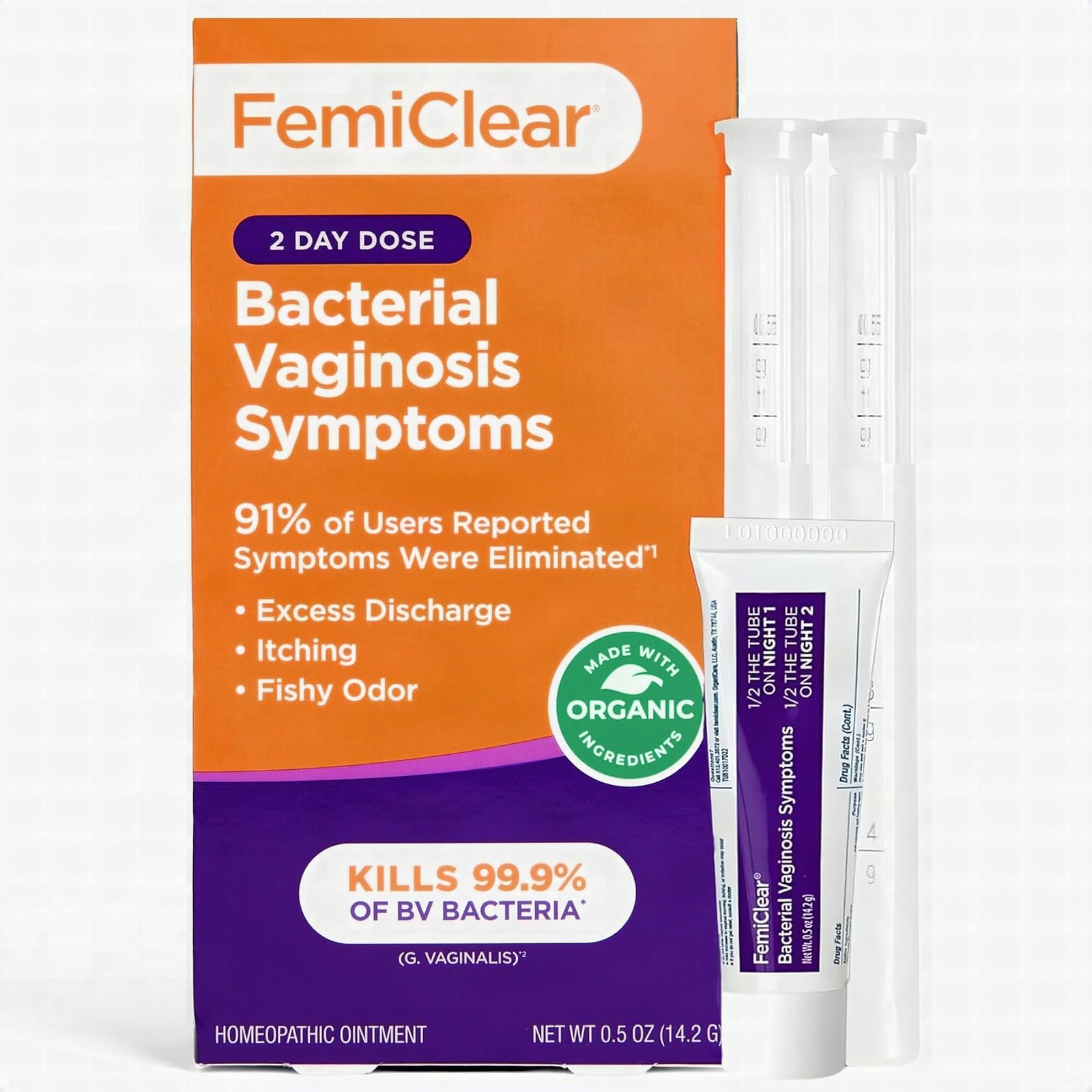 FemiClear bacterial vaginosis ointment tube in macro close-up, nozzle tip in sharp focus on white surface