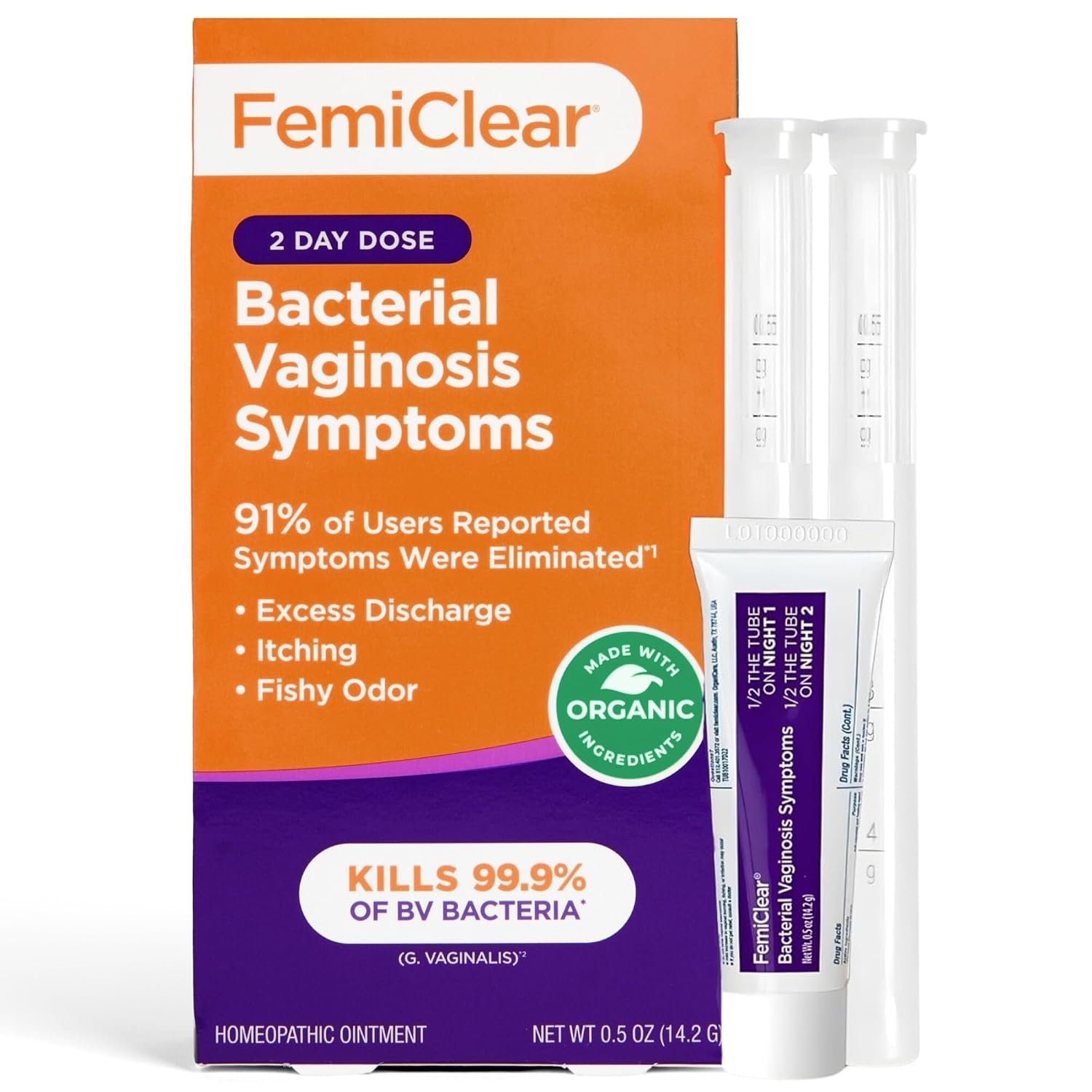 FemiClear ointment tube on a bathroom shelf between towel and glass jar in morning light