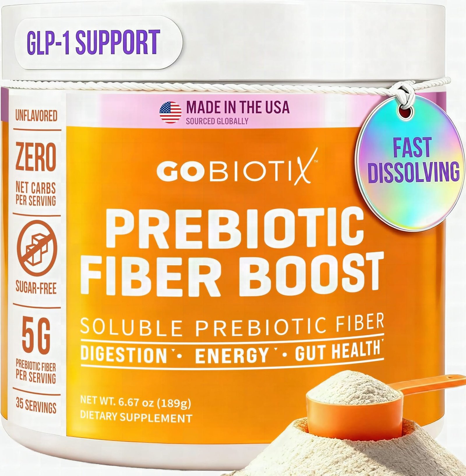 Macro close-up of GOBIOTIX fiber powder granules with shallow depth of field, beige particles in sharp detail