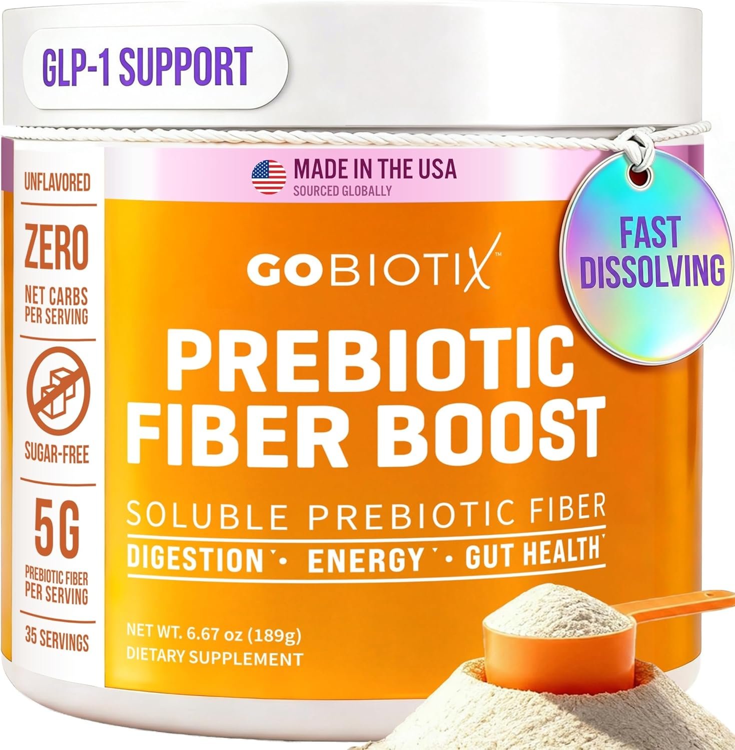 GOBIOTIX fiber supplement canister on a kitchen counter with water glass and fresh produce, natural window lighting