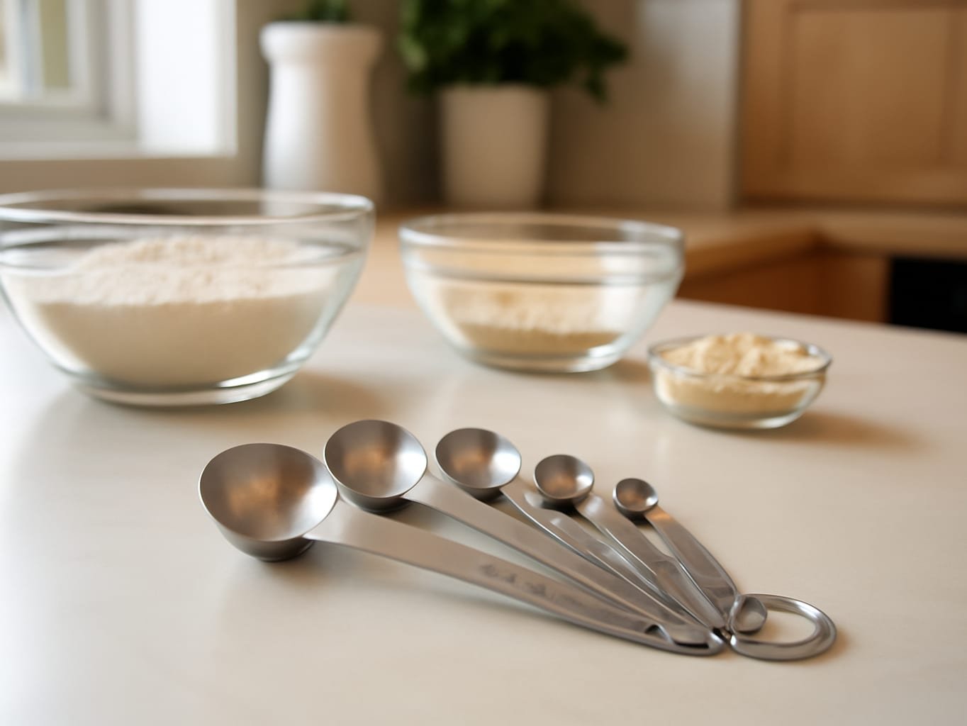 Measuring spoon set arranged on a kitchen counter amid bowls and baking ingredients in natural daylight