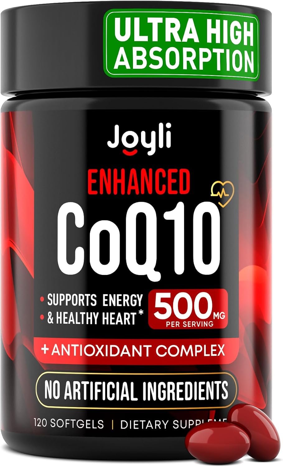 CoQ10 supplement bottle displayed on a sunny kitchen counter among fresh lemons and limes