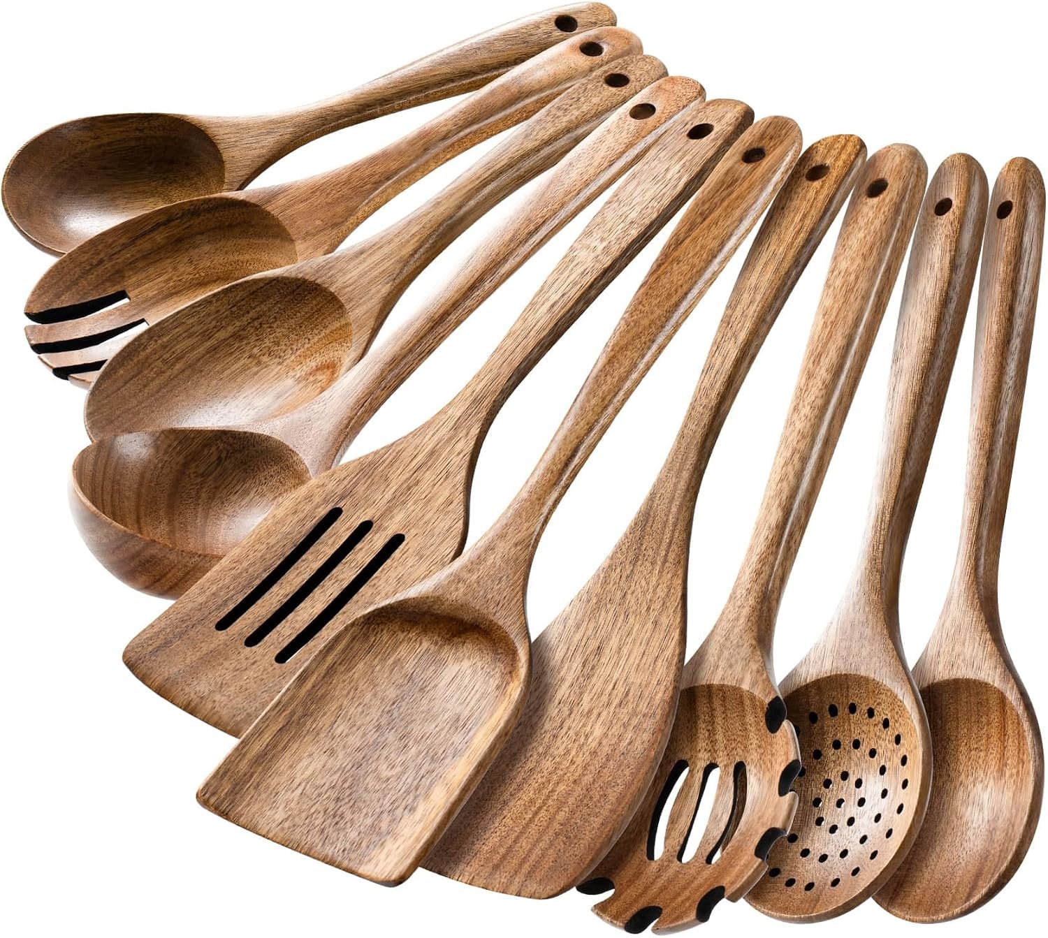 Ten wooden cooking spoons displayed in a bright kitchen with cookware and prep surfaces