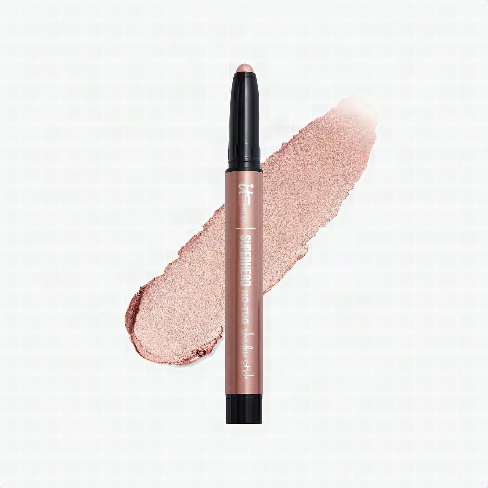 Extreme close-up of the Superhero No-Tug Waterproof Eyeshadow Stick showing its sharpened crayon tip and metallic finish
