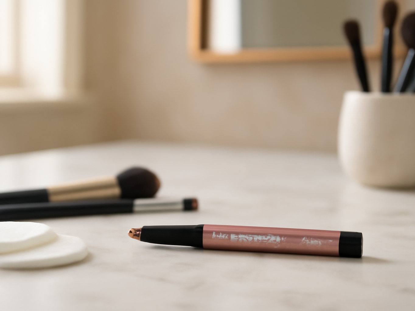 IT Cosmetics eyeshadow stick resting on a marble vanity surrounded by makeup brushes and cotton pads in a bright bathroom
