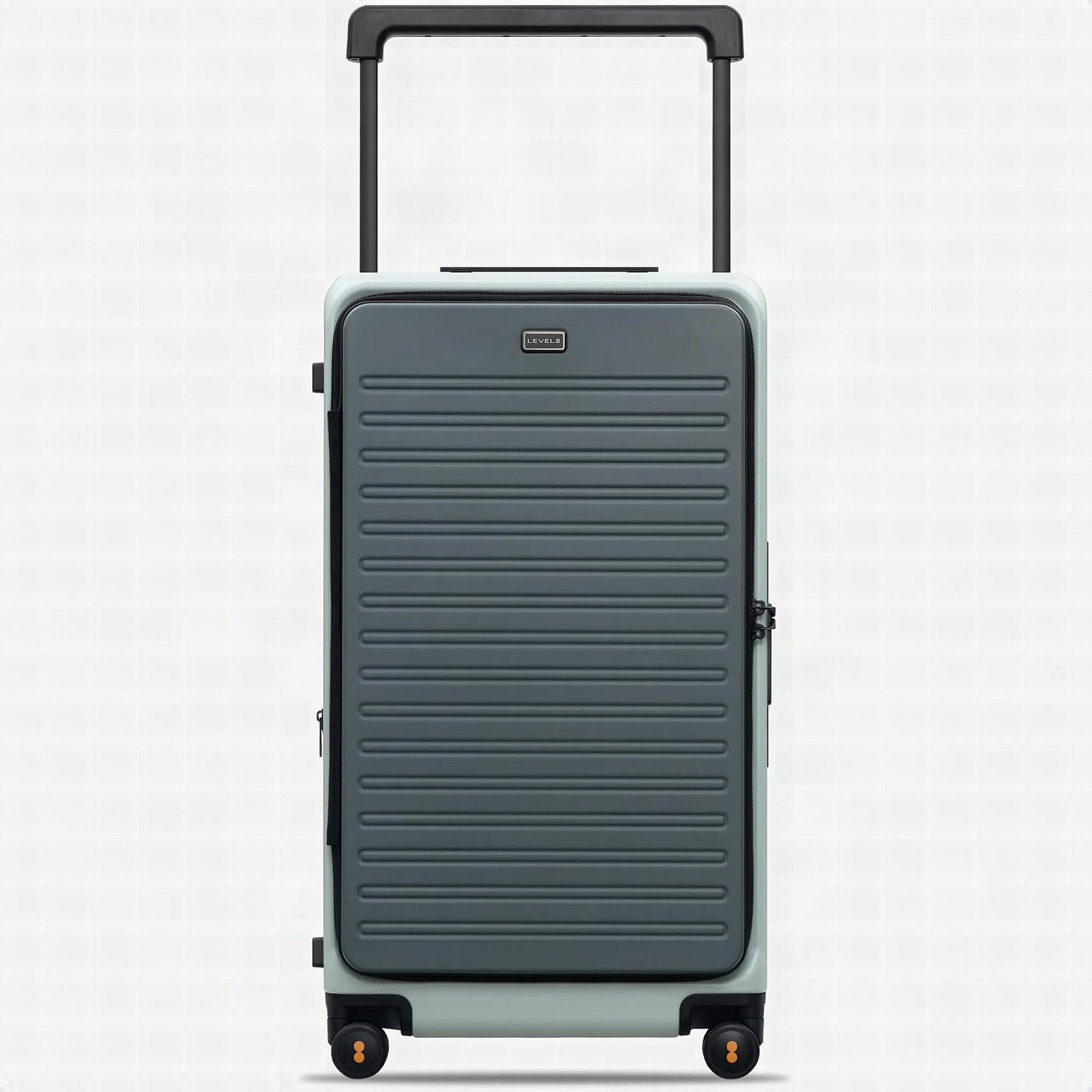 LEVEL8 celadon luggage with lid propped open, showing interior fabric and hinge detail in close-up