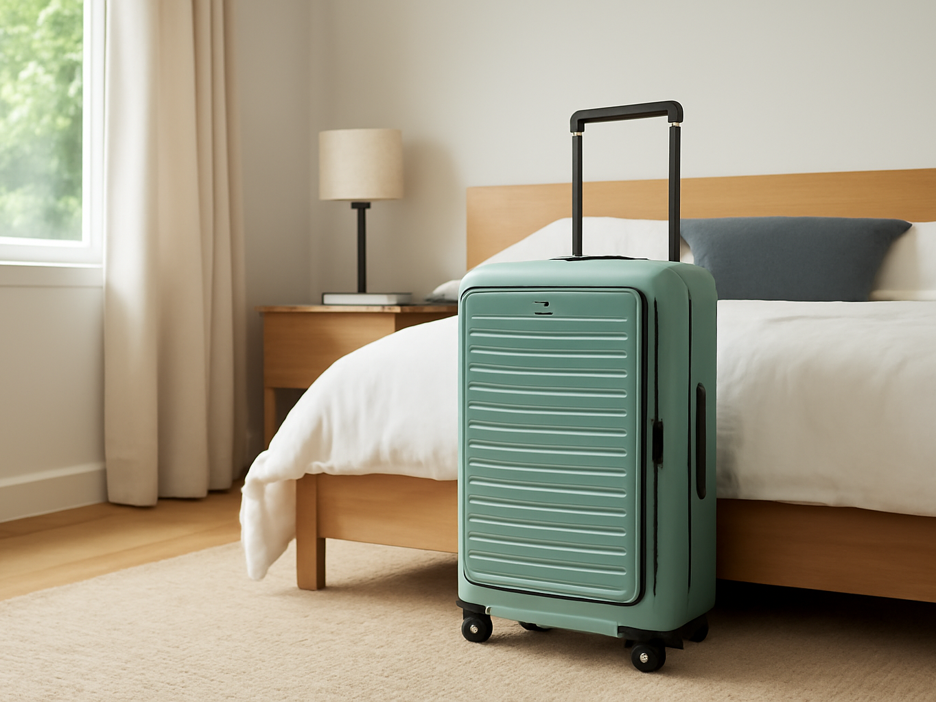 Celadon LEVEL8 suitcase positioned in a bedroom corner next to a bed, showing full room setting