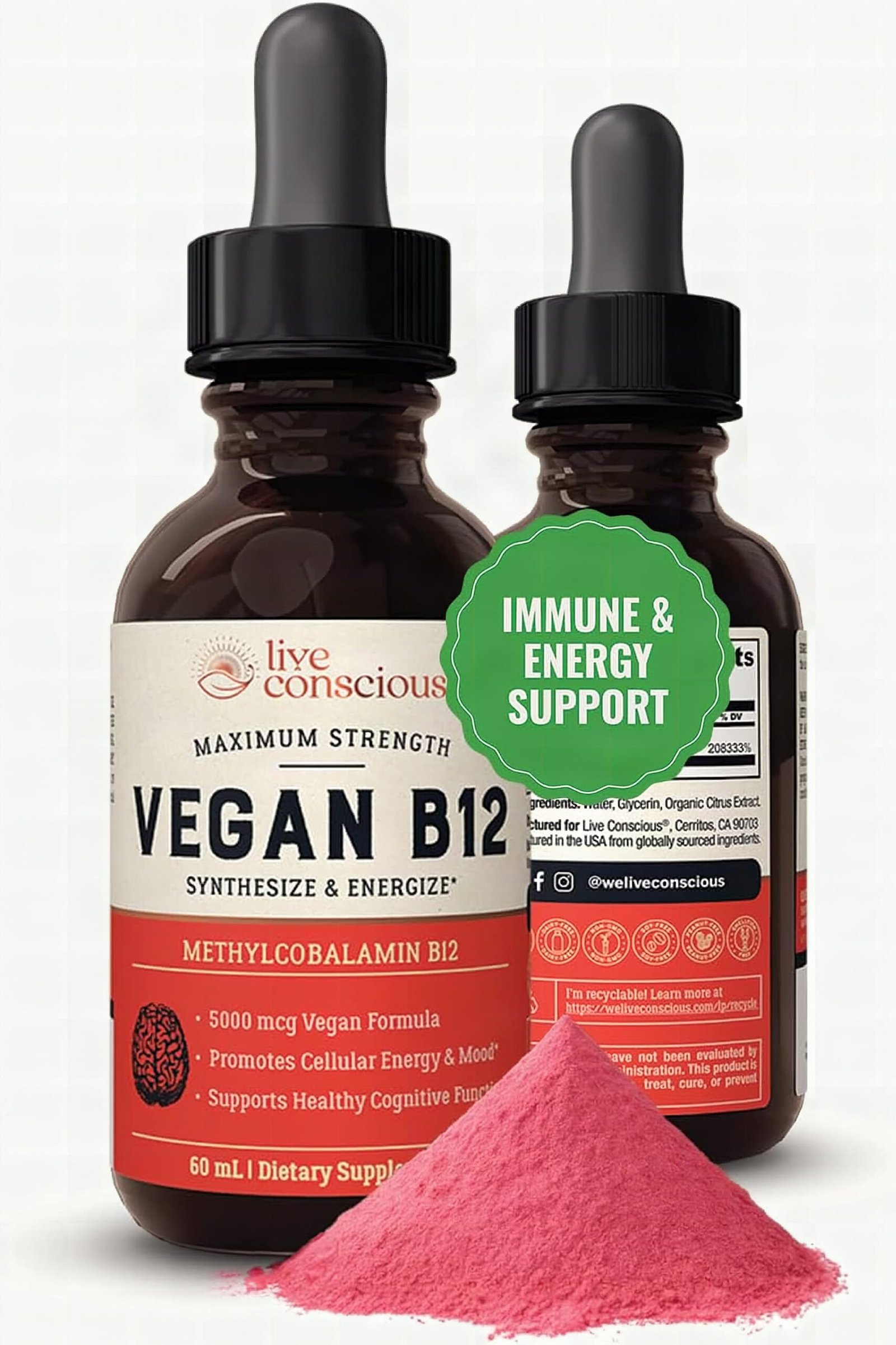 Live Conscious B12 sublingual drops bottle with dropper tip in extreme close-up, golden backlit droplet visible