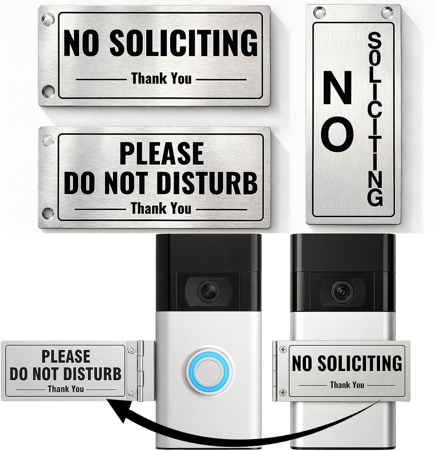Metal doorbell cover mounted on home office door in a full room setting showing DO NOT DISTURB side