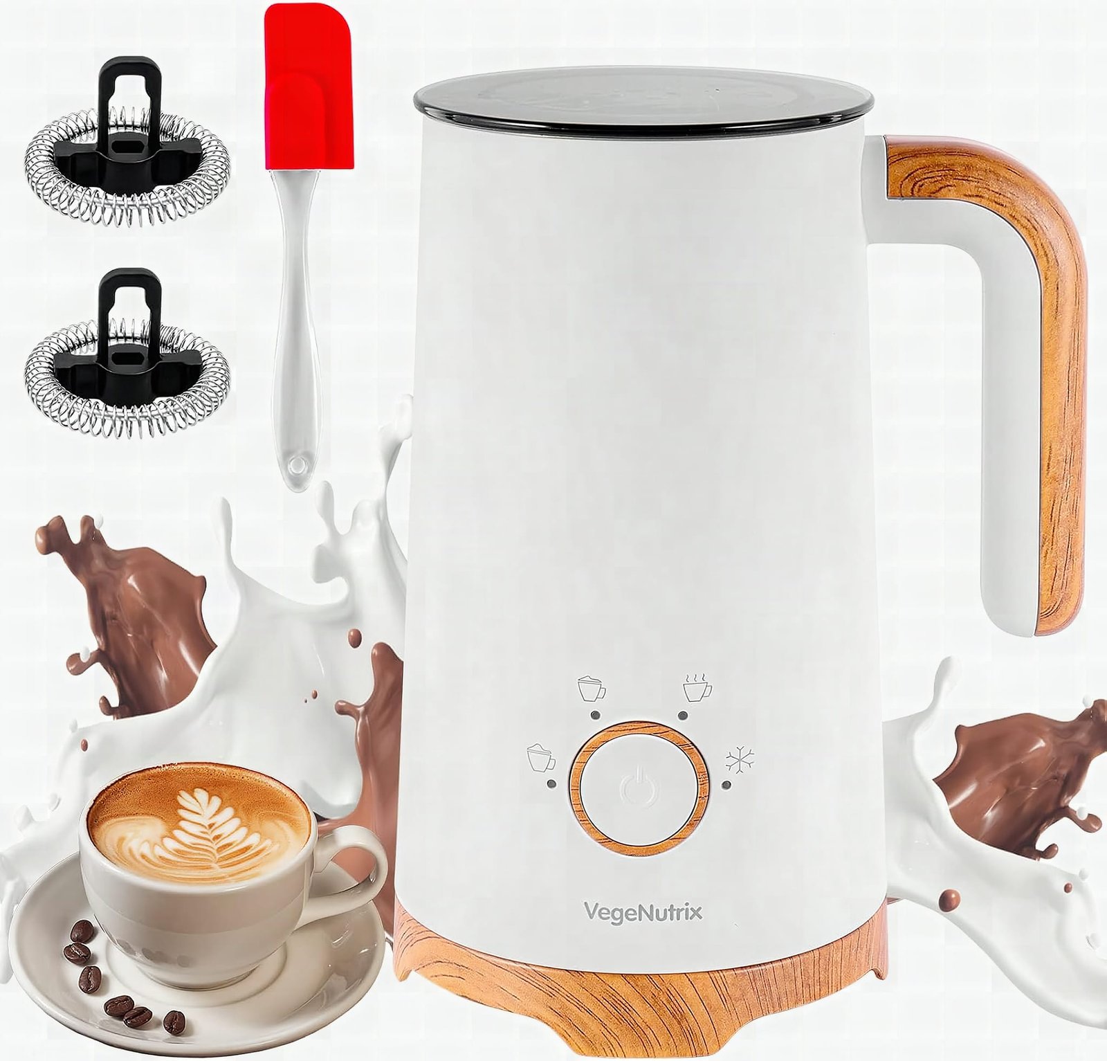 Electric milk frother's heating element and control interface in sharp macro detail
