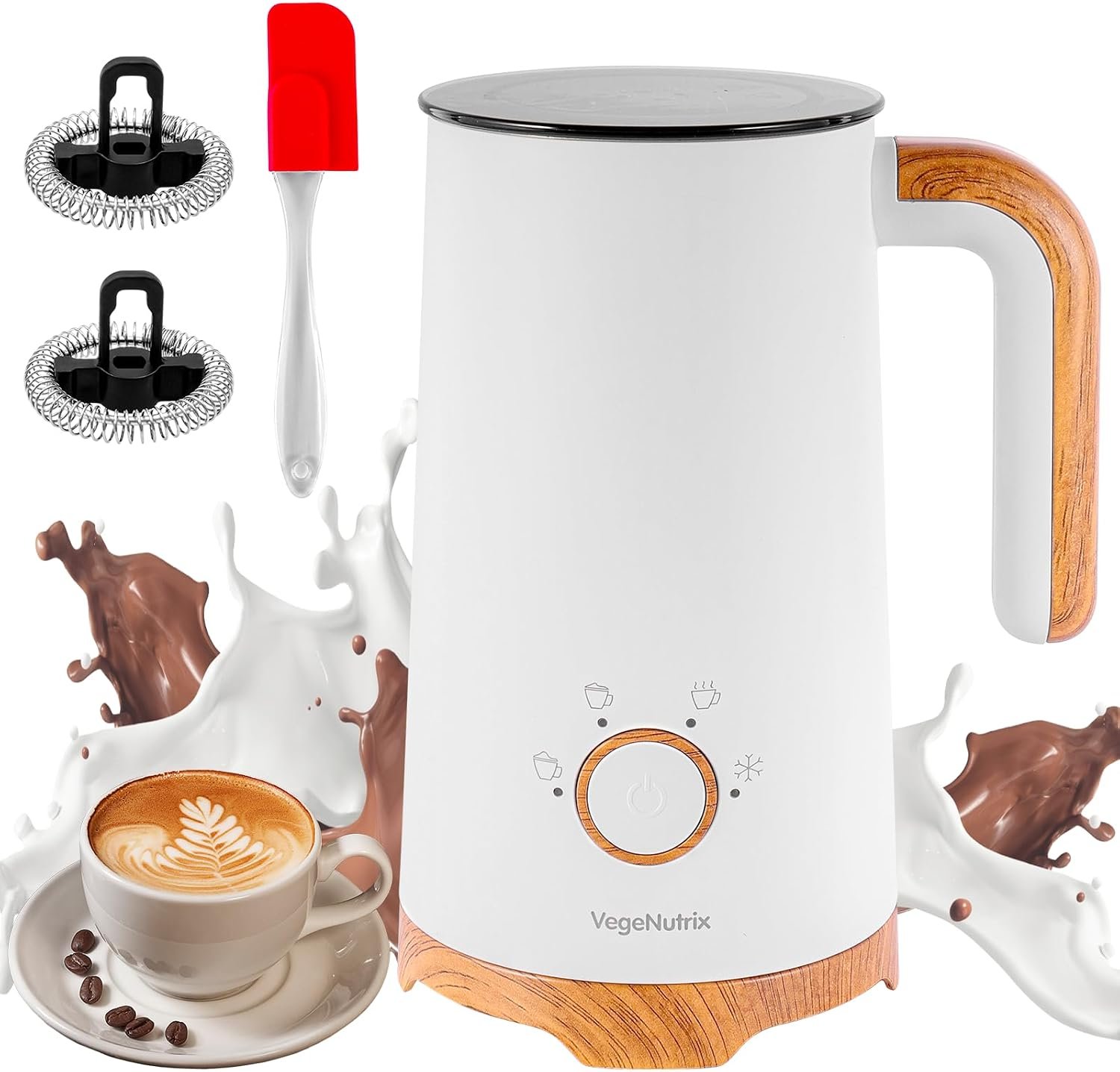 Electric milk frother on kitchen counter next to espresso cups and saucers in morning light