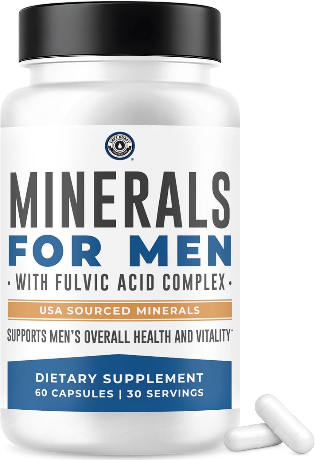 Mineral supplement bottle on a bathroom vanity shelf with water glass and wellness items in natural light