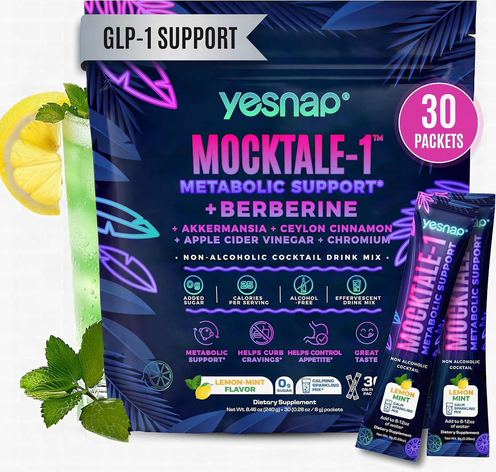Close-up of a MOCKTALE-1 GLP-1 supplement packet on stone surface with shallow depth of field