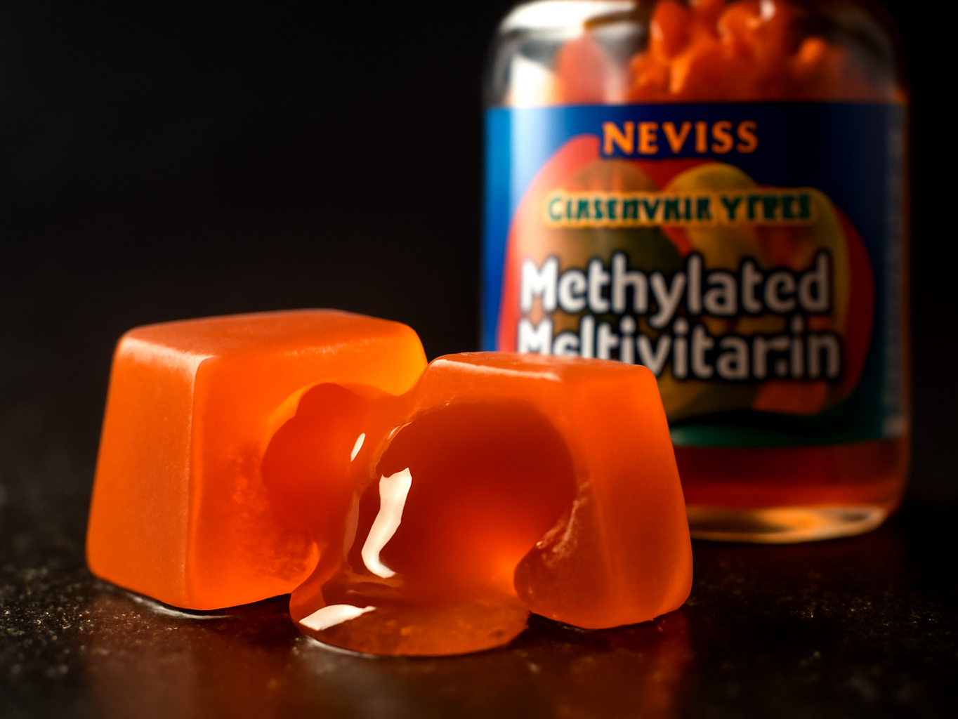 NEVISS multivitamin gummy halved to reveal liquid center, backlit on black glass