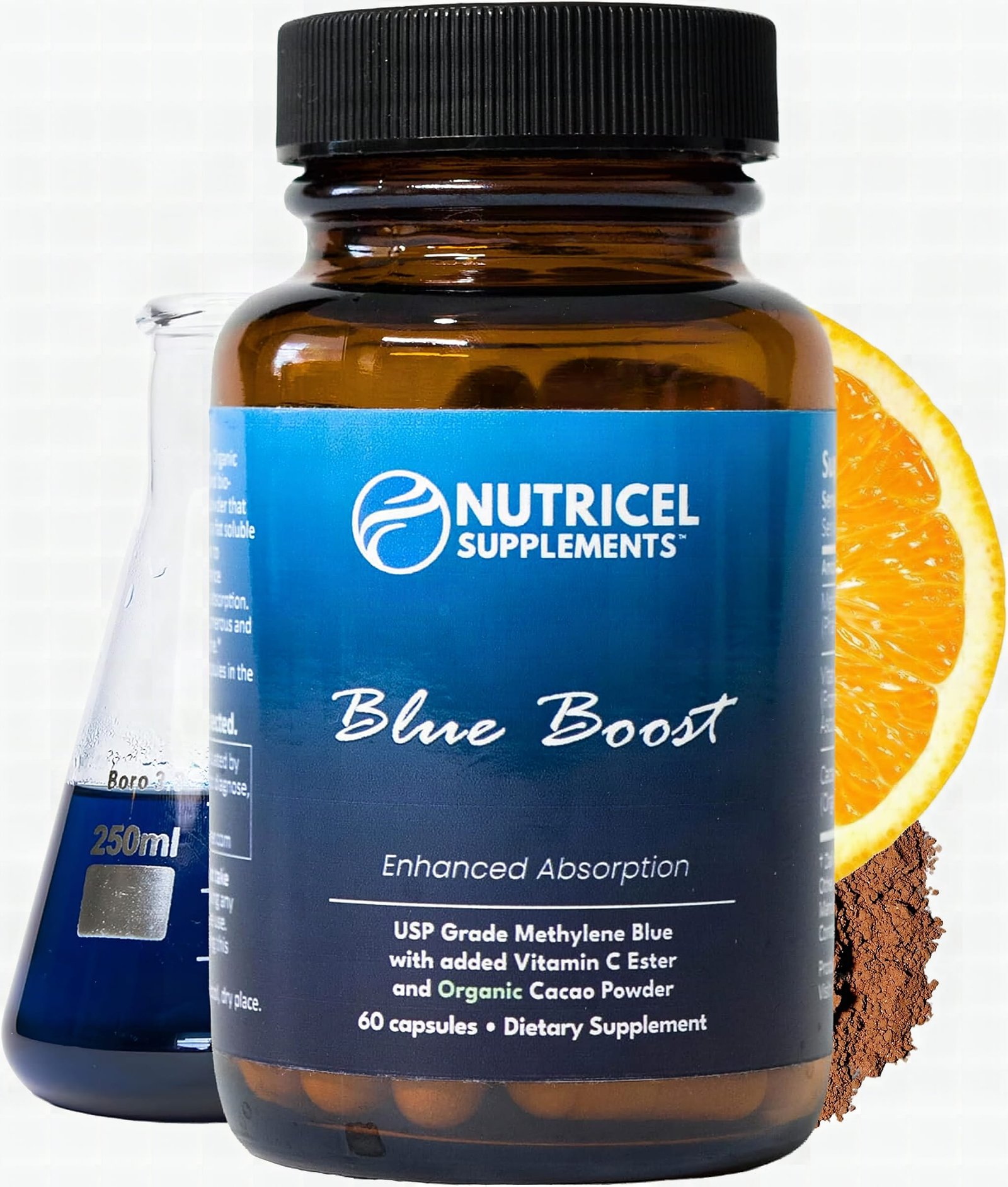 Macro close-up of a single blue methylene blue capsule with sharp focus and shallow depth of field