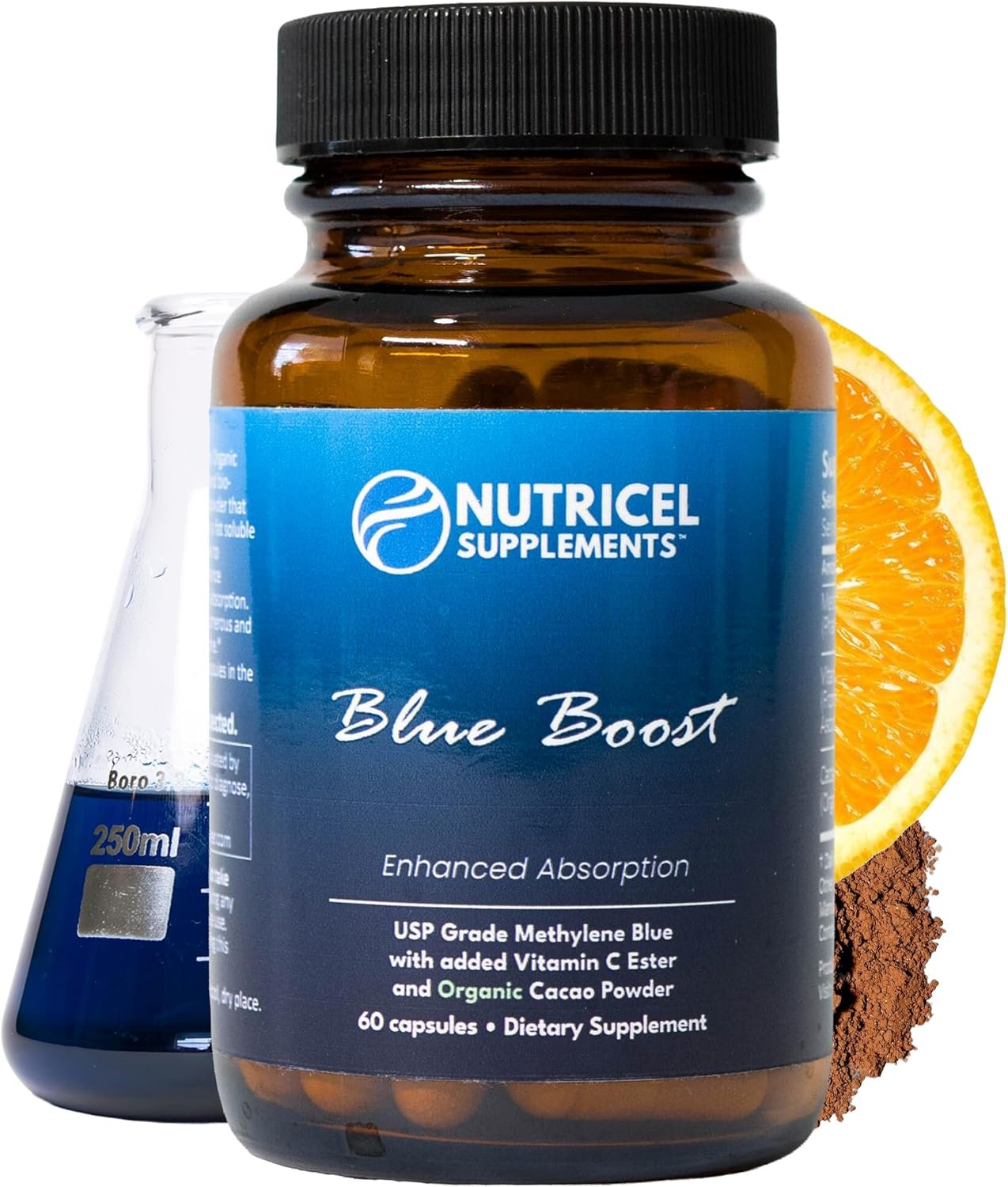 Nutricel methylene blue bottle on a kitchen counter with water glass and citrus, daytime window lighting
