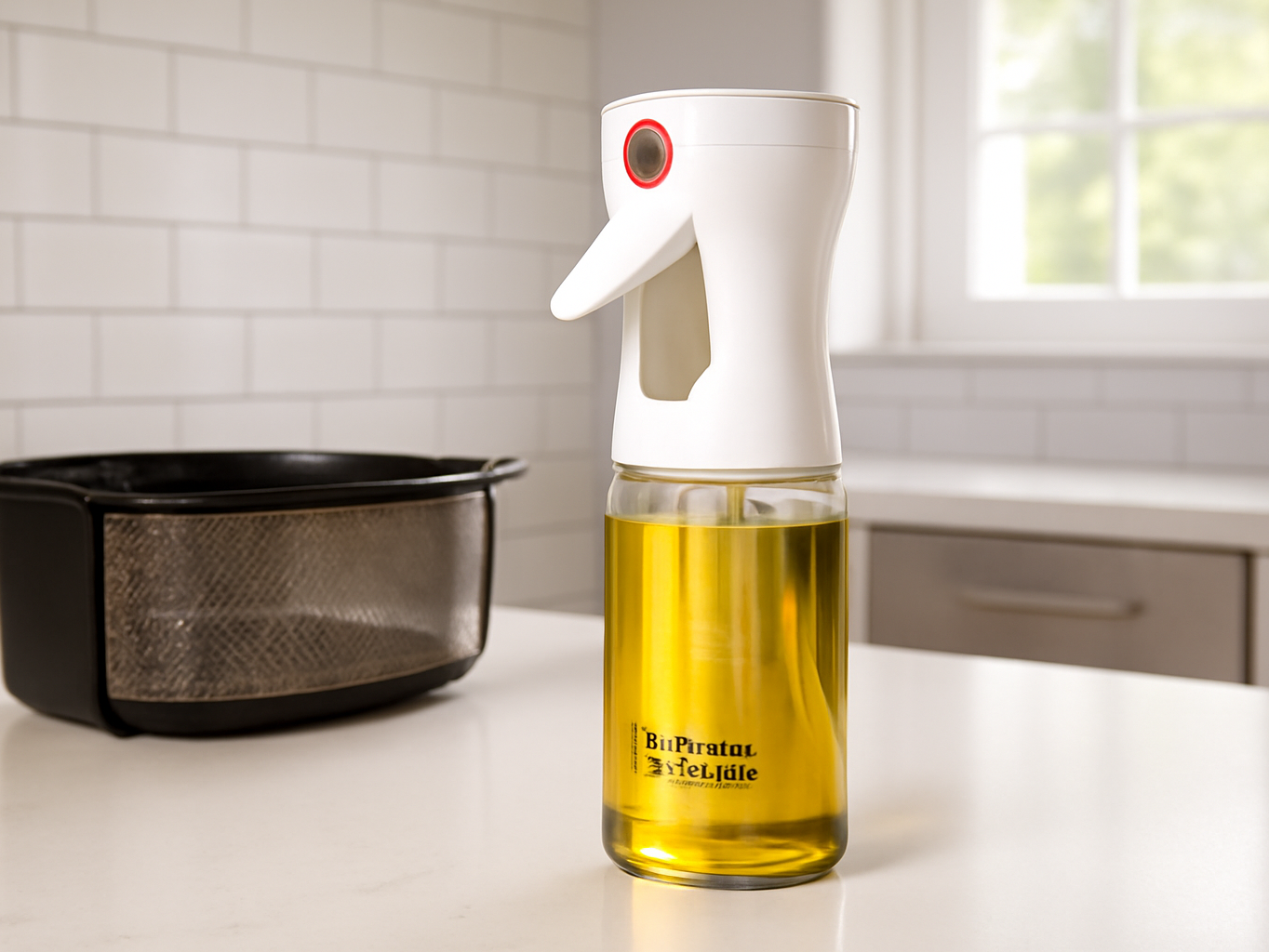 Oil sprayer on a kitchen counter next to an air fryer basket and white tile backsplash in bright natural light