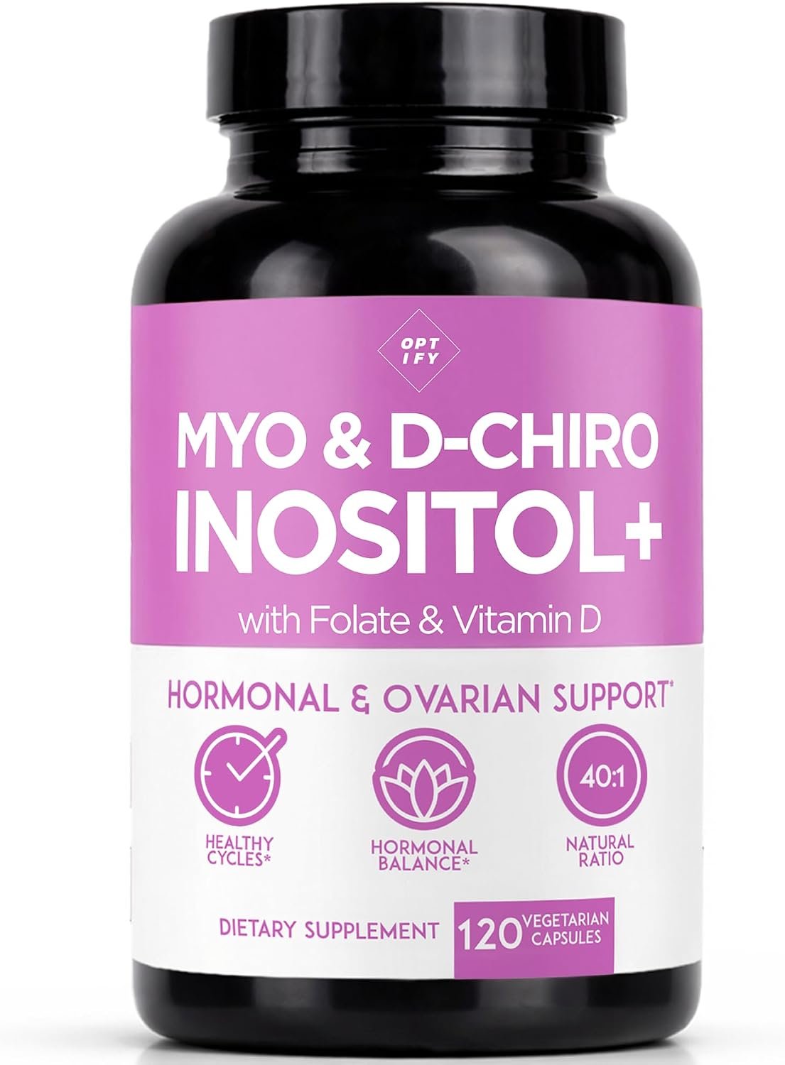Optify Myo-Inositol supplement bottle on a kitchen counter with a glass of water and lemon, bright natural lighting