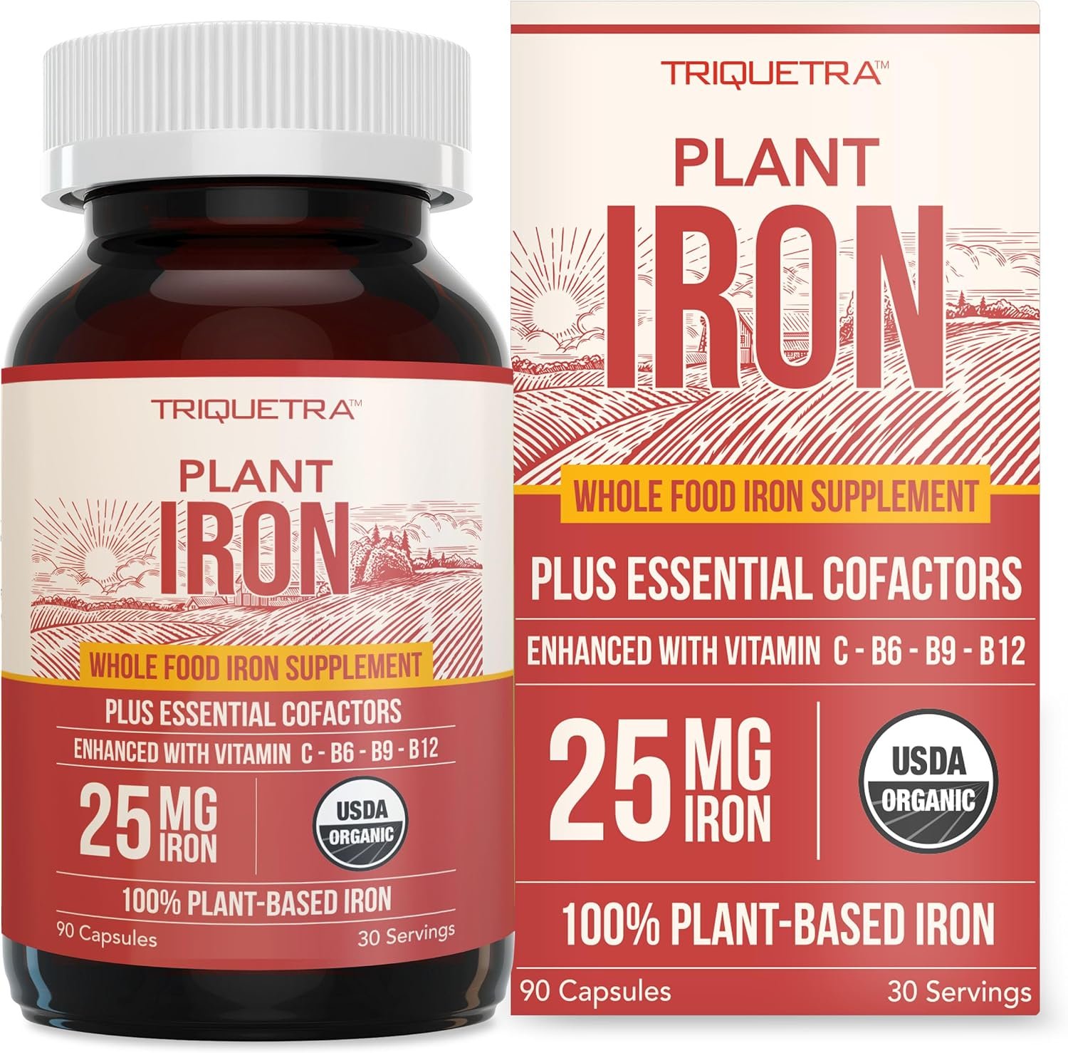 Iron supplement bottle on a kitchen counter surrounded by iron-rich whole foods and natural light
