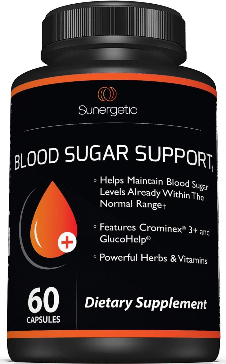 Blood sugar supplement bottle on kitchen counter with cinnamon, bitter melon, and water glass in natural light