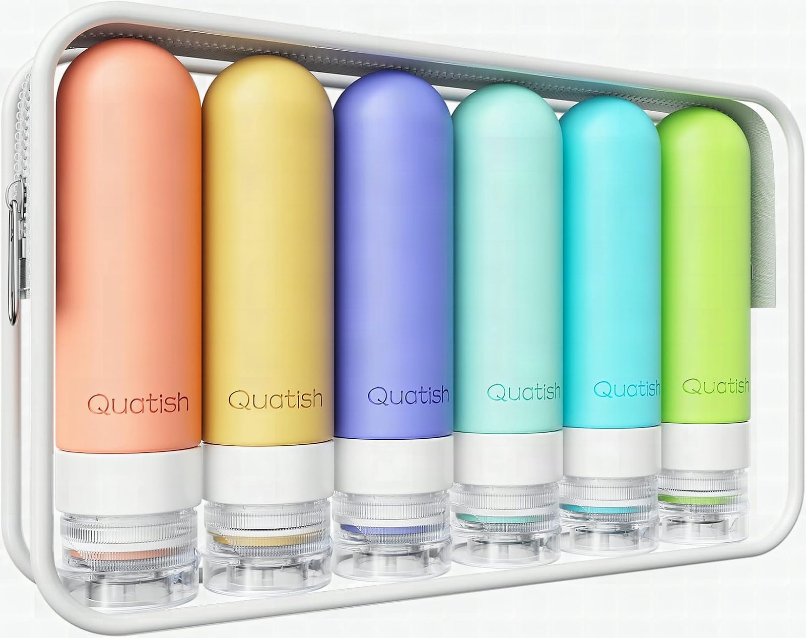 Macro close-up of a Quatish travel bottle cap and silicone neck with leakproof seal detail, other colored bottles softly blurred i