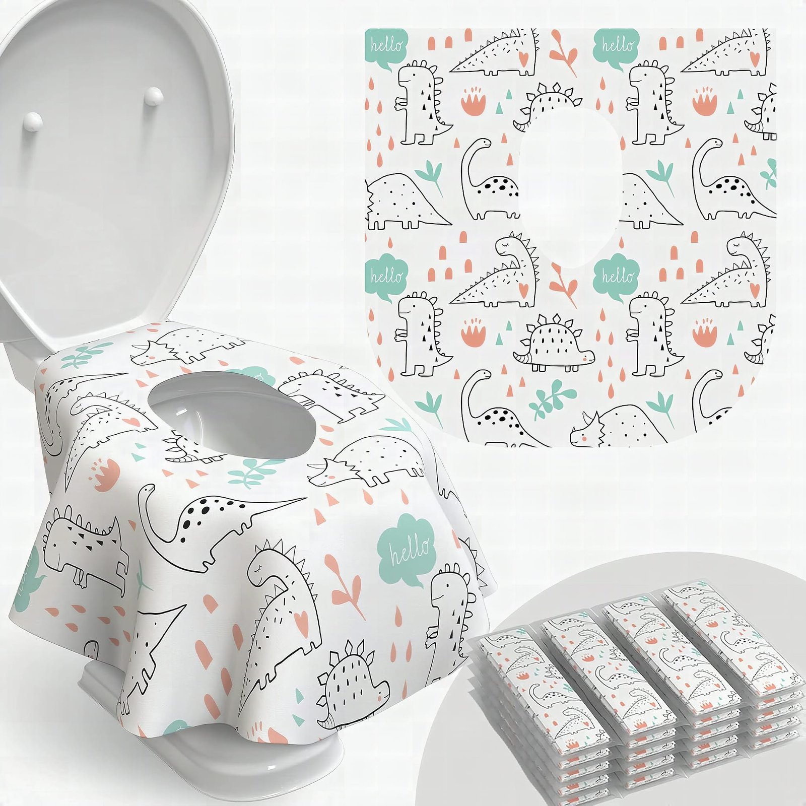 Close-up of a single dinosaur-patterned Relyo toilet seat cover showing texture and pattern detail