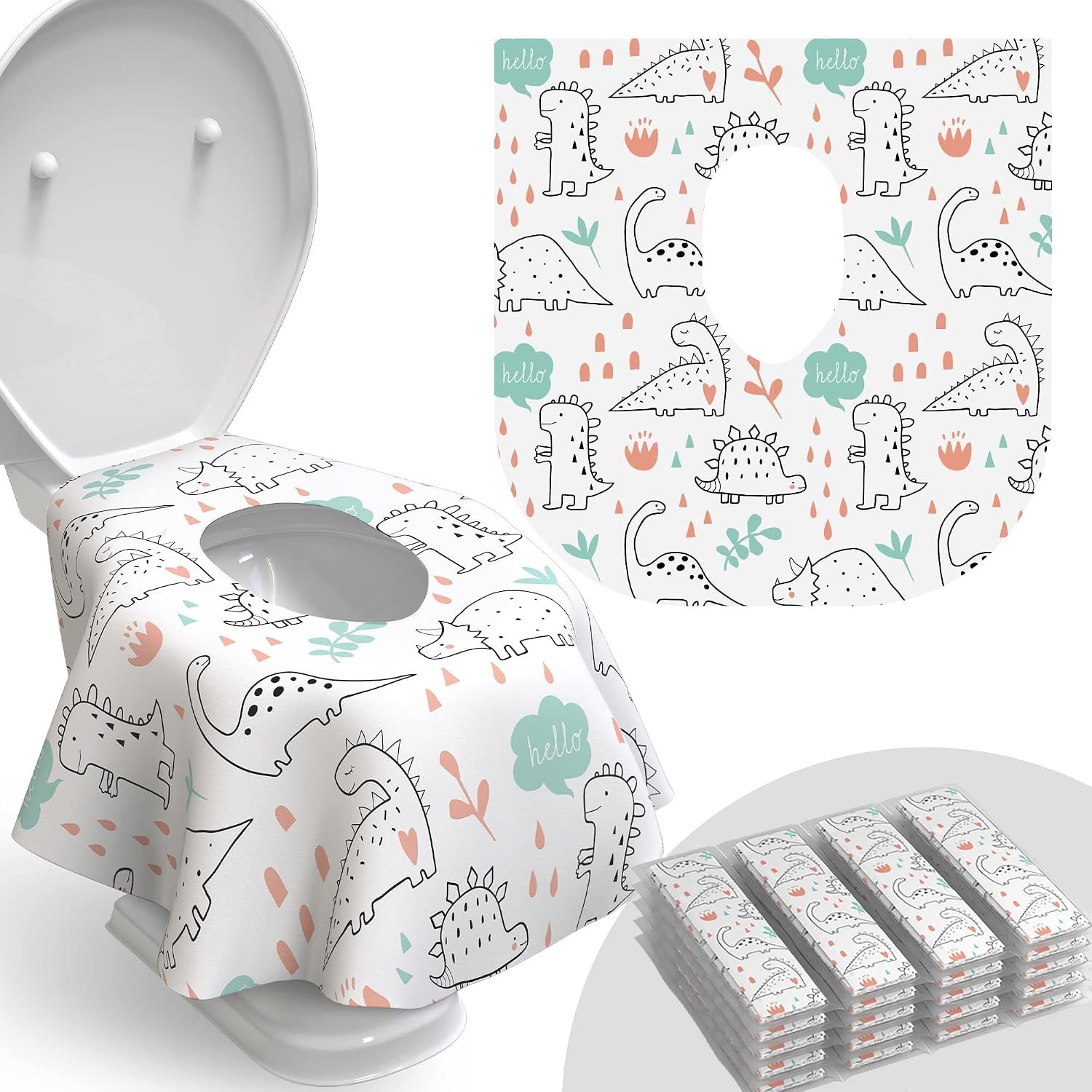 Relyo dinosaur toilet seat covers packaged on an airplane lavatory counter during travel
