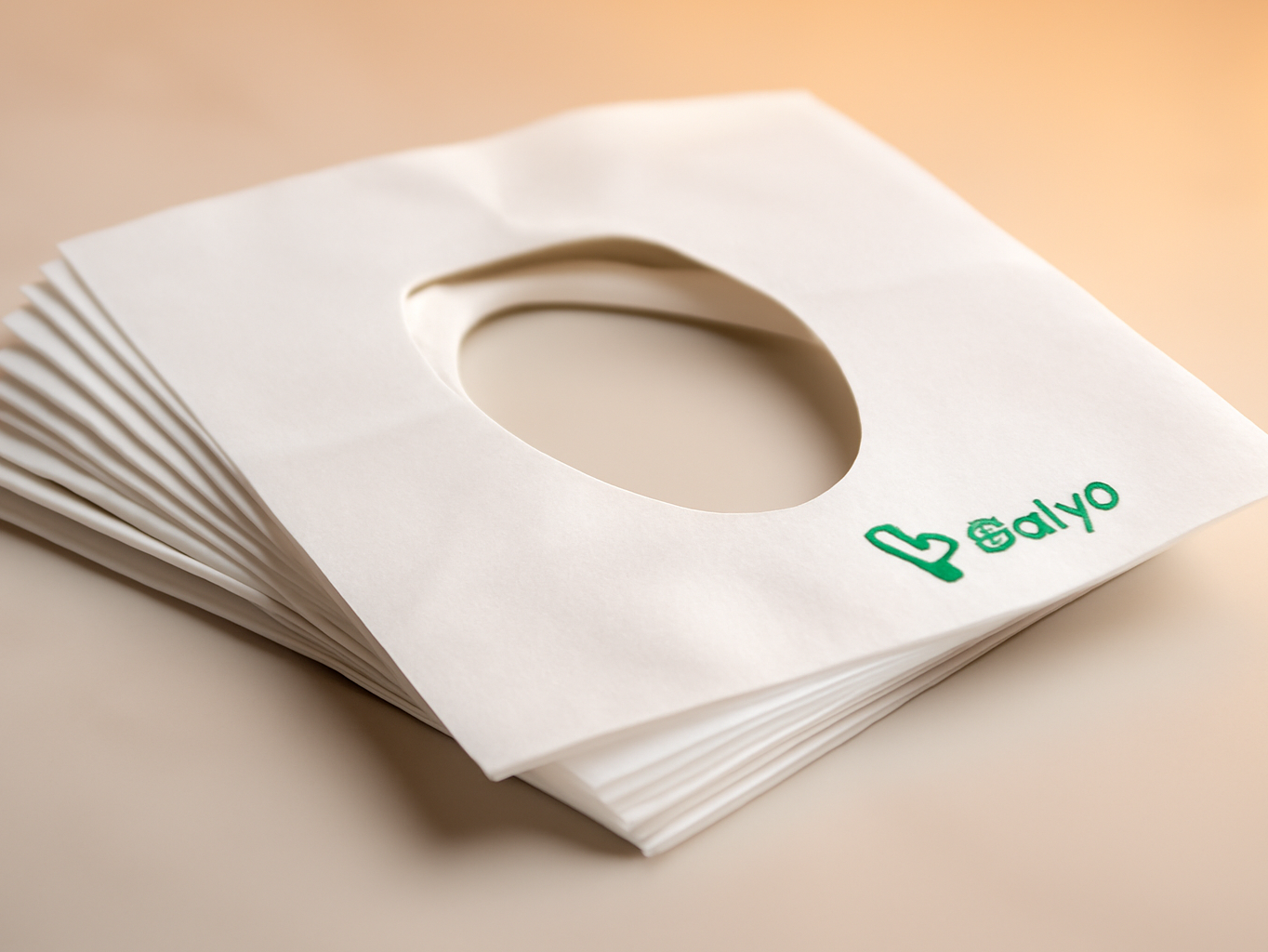 Stack of white disposable toilet seat liners fanned to show texture and edges in macro detail