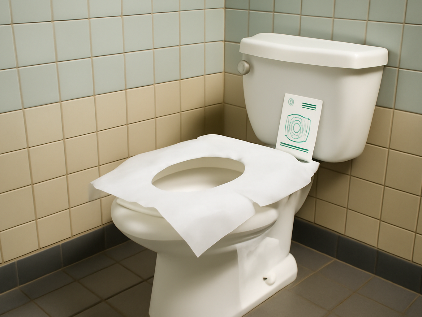 Relyo toilet seat cover pack on a gas station bathroom toilet tank surrounded by tiled walls