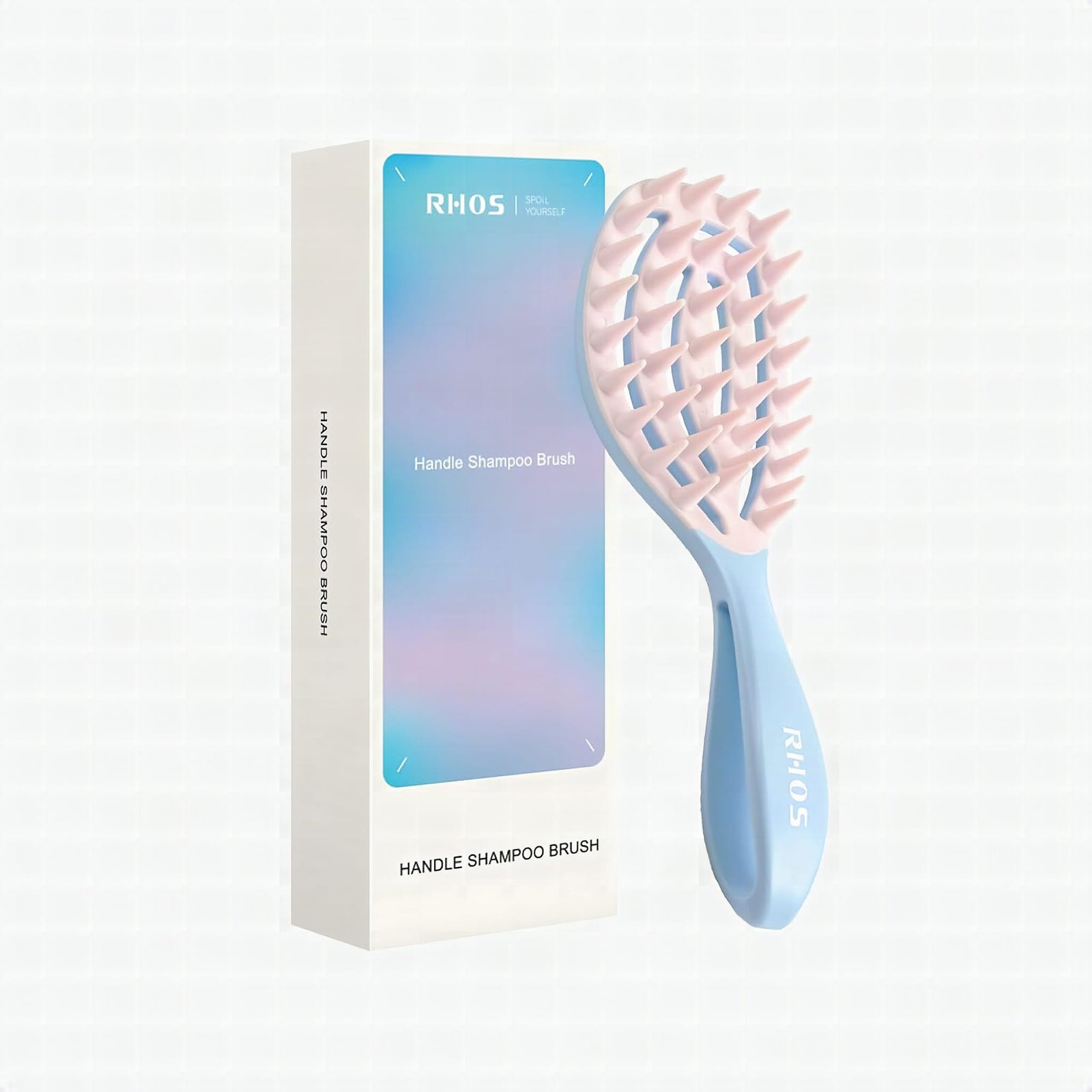 Close-up of blue RHOS scalp massager showing detailed silicone massage nodules on the brush head