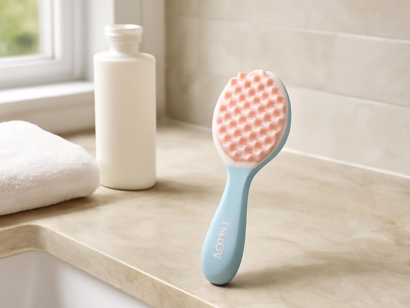 RHOS scalp brush positioned on a bathroom vanity with shower products and towel nearby
