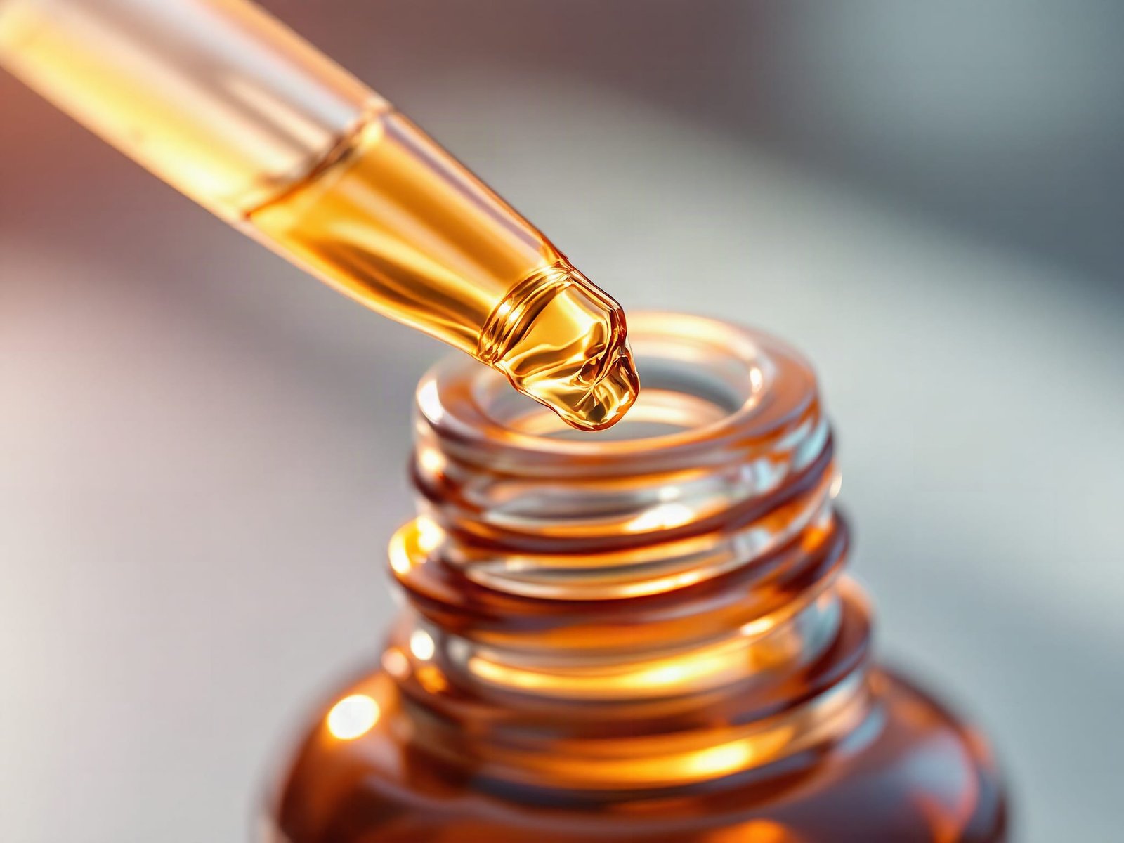 Macro close-up of scalp serum bottle nozzle with amber liquid visible, shallow focus on applicator tip