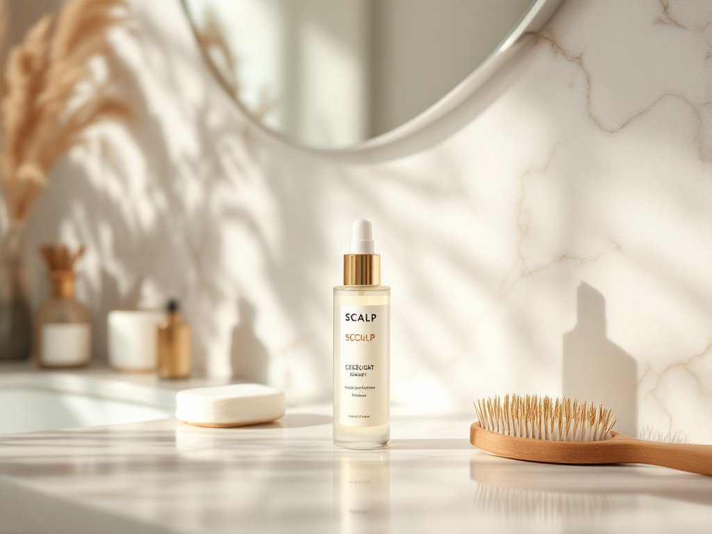 Scalp serum bottle on marble vanity in bright bathroom with hairbrush and cotton pad nearby