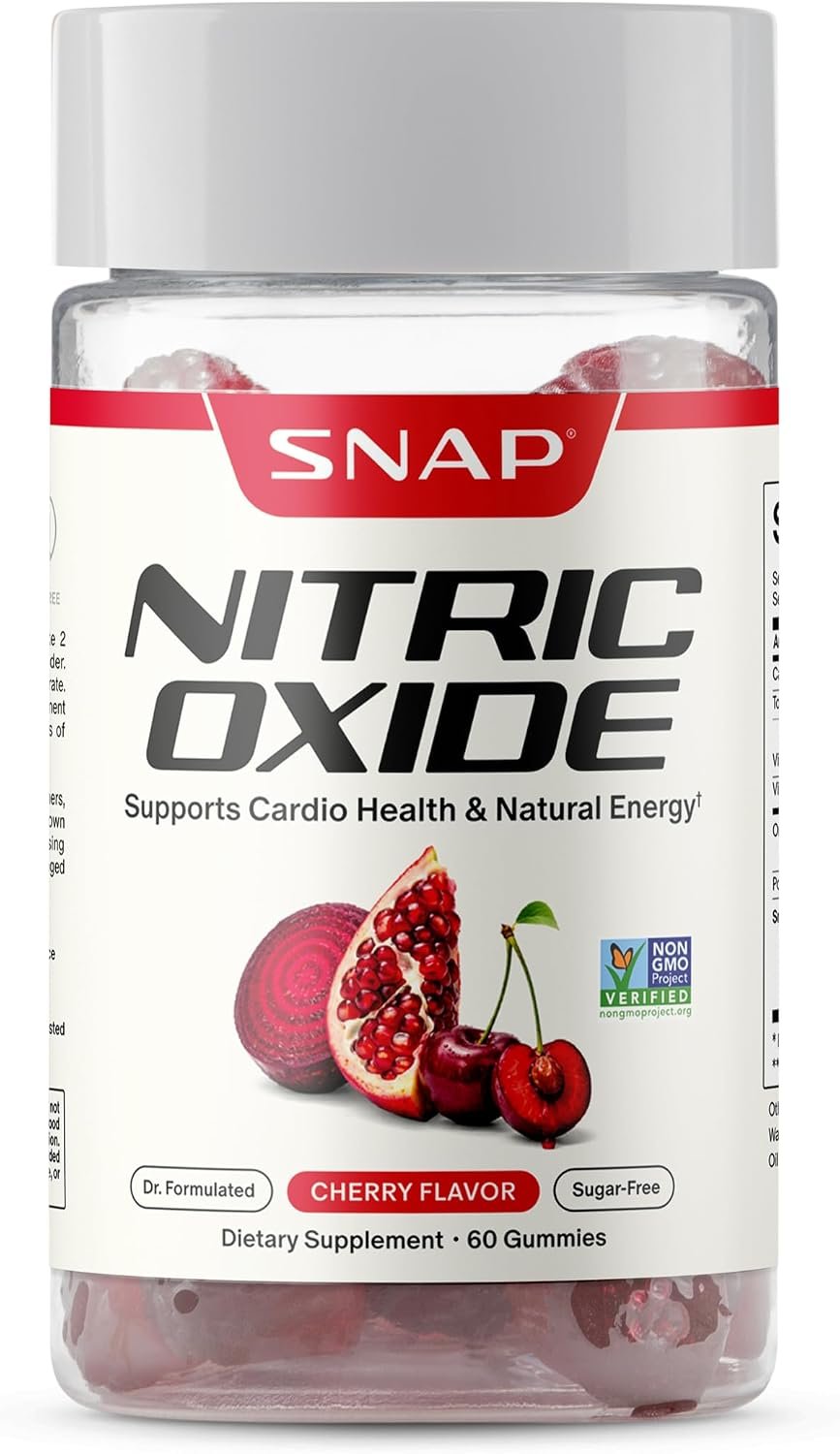 Nitric Oxide Beet Root Gummies bottle on kitchen counter with fresh beets and water glass in bright natural light