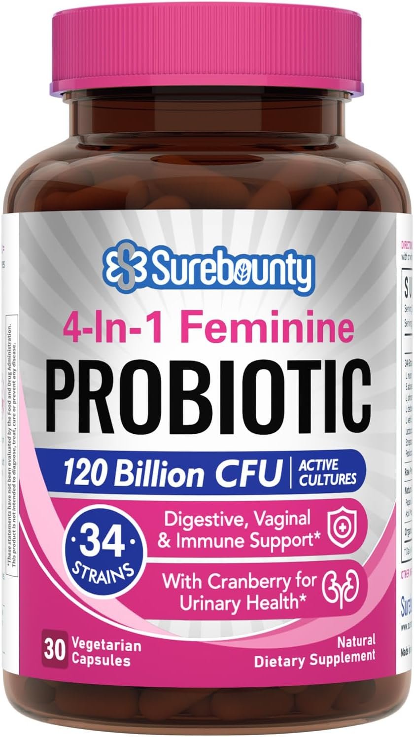 Probiotic bottle on bathroom vanity next to water glass and cranberries in natural daylight