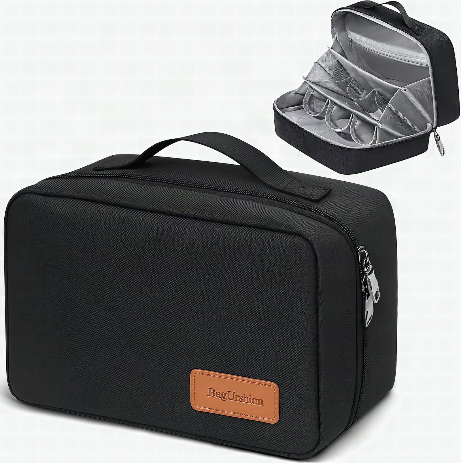 Macro close-up of expanded accordion compartments inside a men's toiletry bag organizer