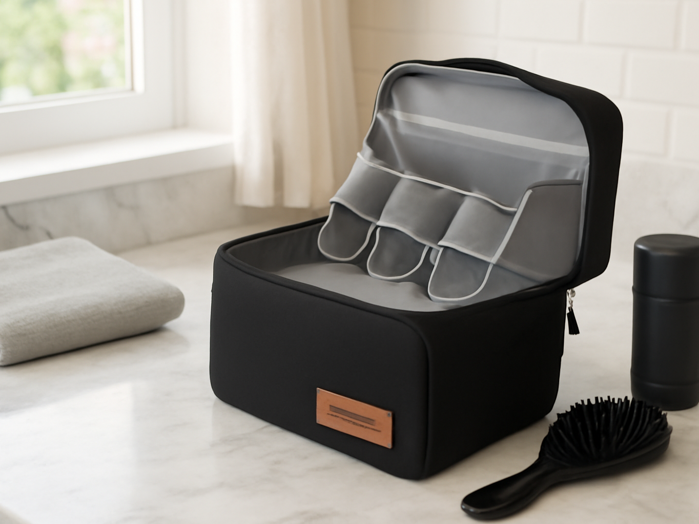 Open men's toiletry organizer bag displayed on a bathroom vanity with grooming essentials nearby