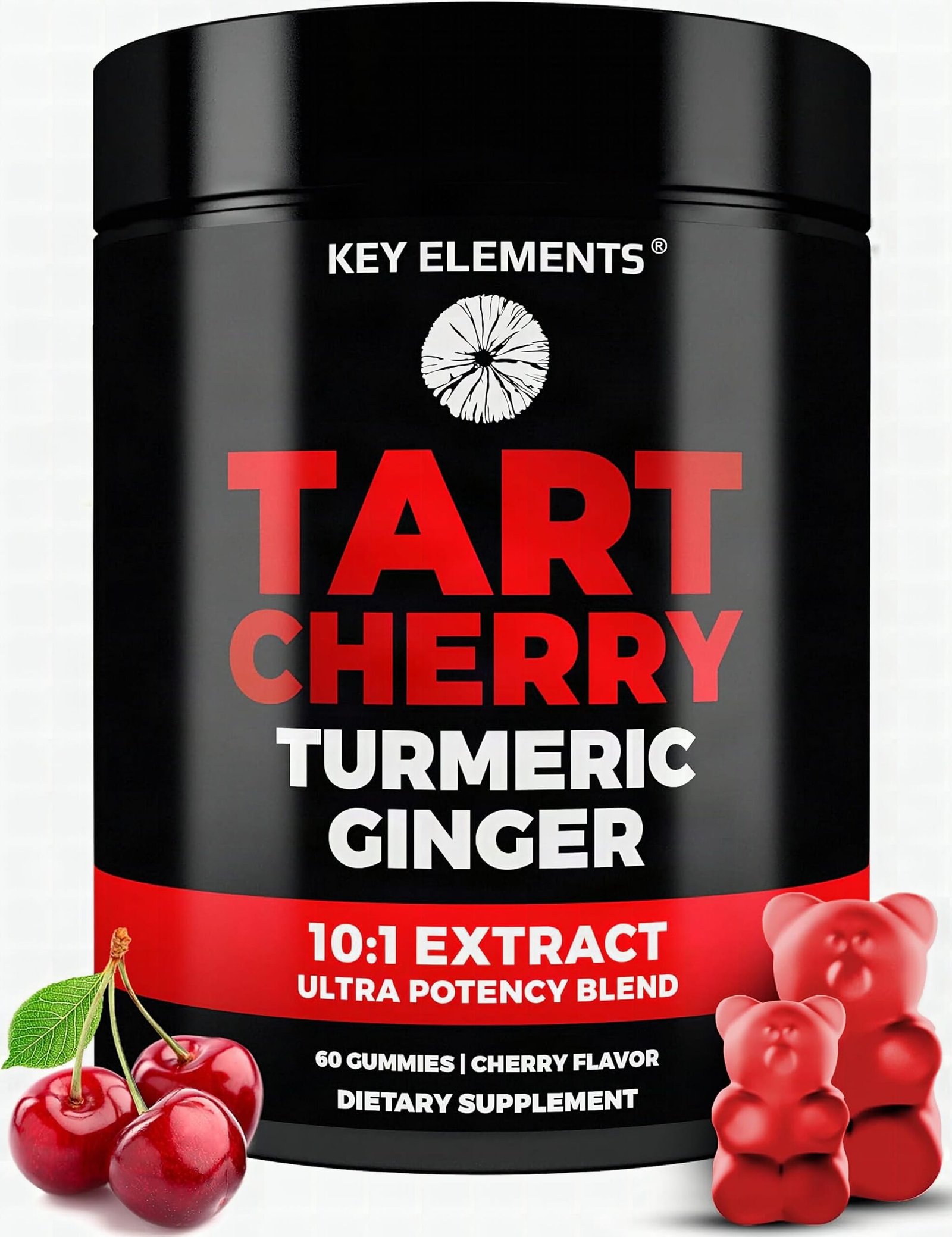 Macro close-up of deep burgundy and golden tart cherry gummies with turmeric and ginger, surface details sharp