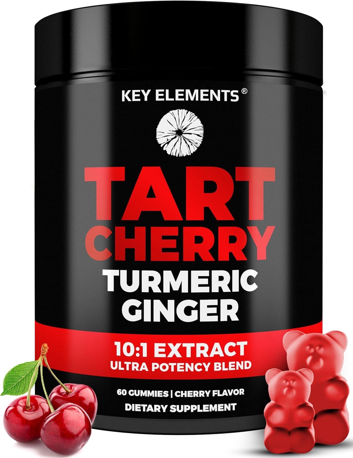 Tart cherry gummies bottle on a kitchen counter with fresh ginger, turmeric bowl, and water glass in natural light