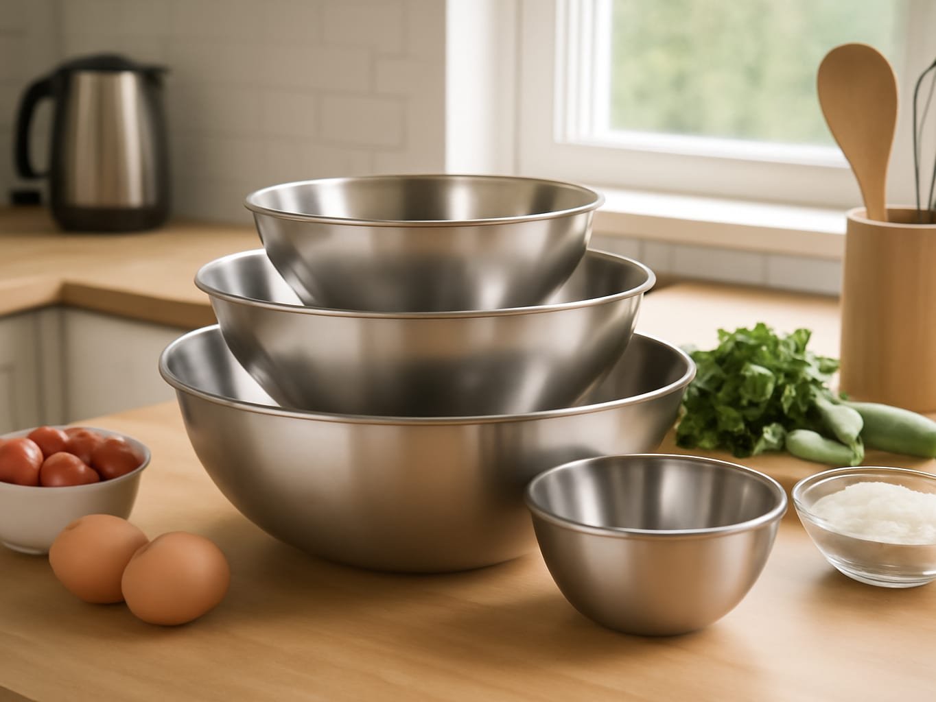 Five-piece stainless steel mixing bowls nested on a busy kitchen counter with ingredients and tools