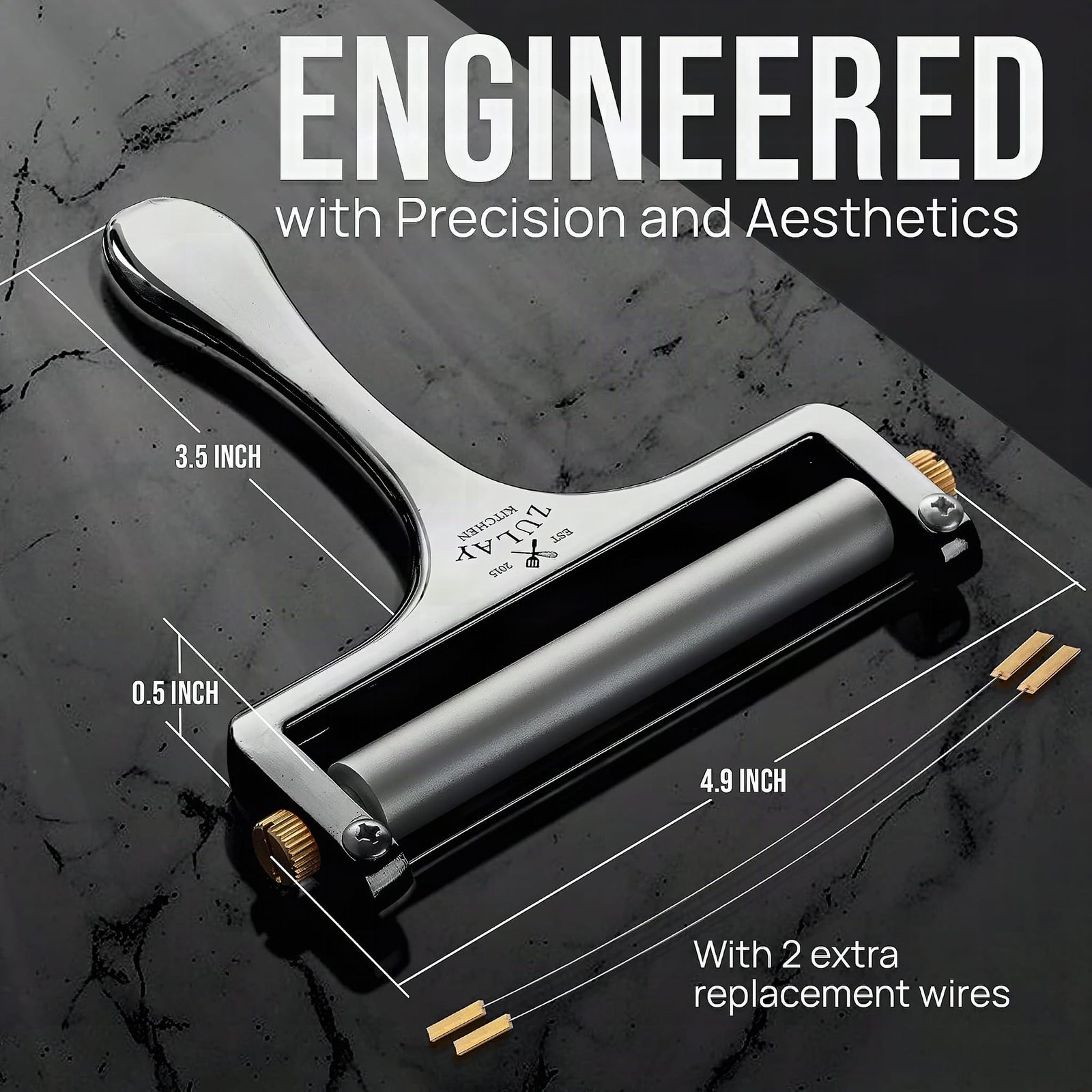 Macro close-up of Zulay Kitchen cheese slicer showing the stainless steel wire and metal handle in sharp detail