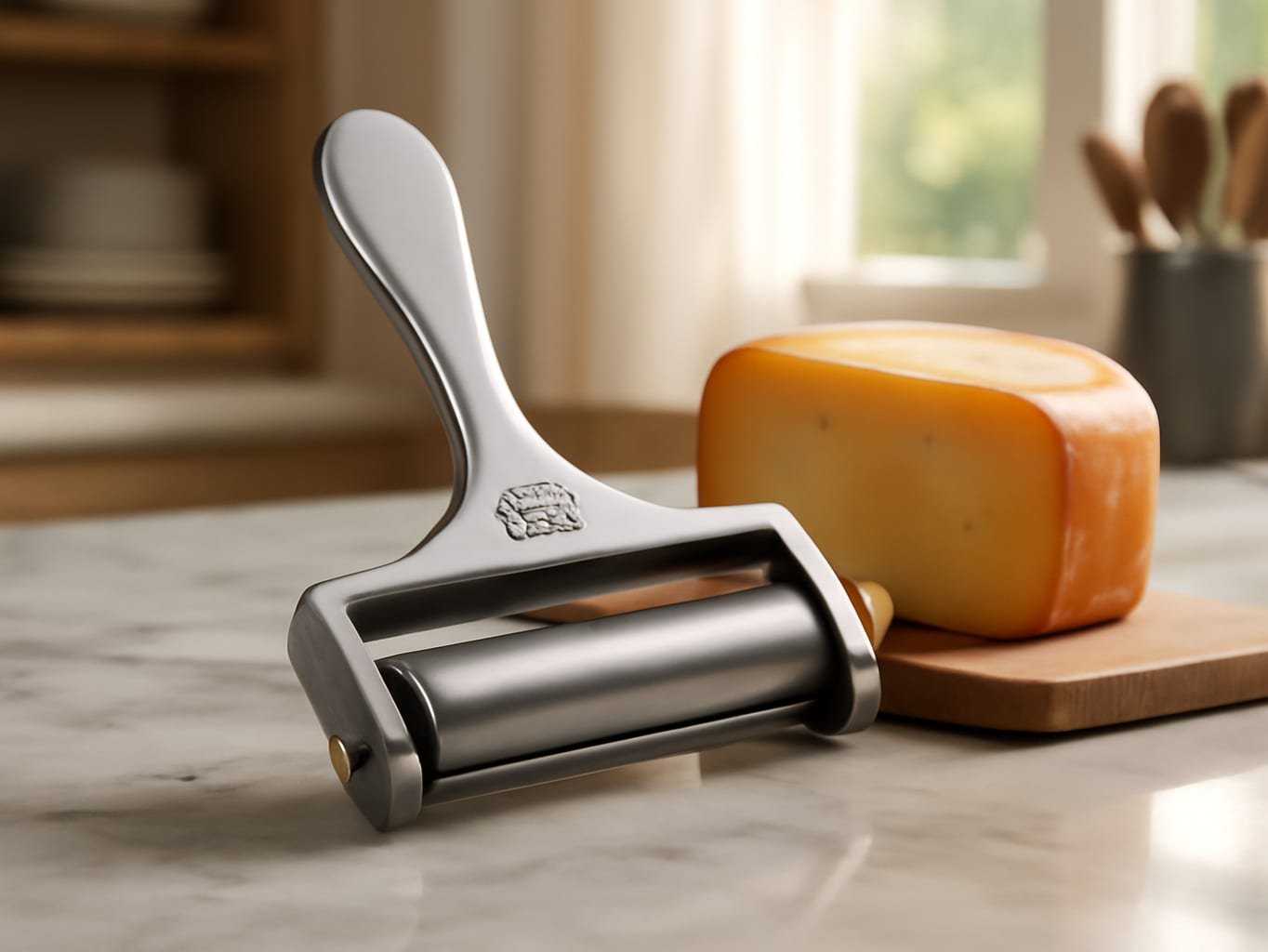 Zulay cheese slicer resting on a marble kitchen counter next to fresh gouda and a wooden cutting board in natural light